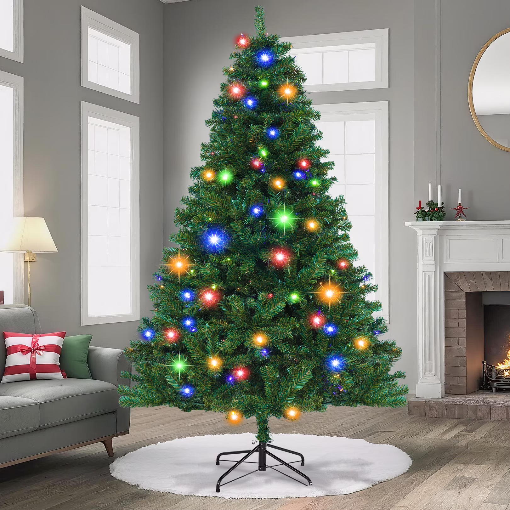 Funcid 6ft Premium Pre-Lit Hinged Artificial Christmas Tree Full Tree with 1477 PVC Branch Tips, 250 Multicolored Lights, 10 Light Sequences, Foldable Metal Stand, Green