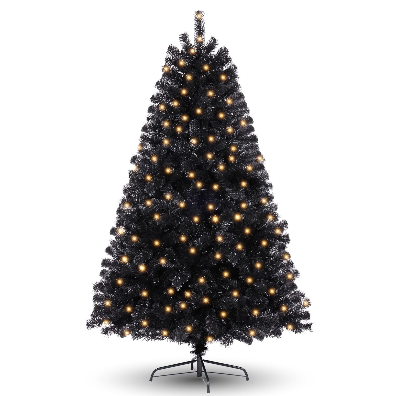 Funcid 6Ft Pre-Lit Artificial Full Black Christmas Tree Halloween Holiday Decoration with 1,477 Branch Tips, 250 Incandescent Lights, Foldable Metal Stand - Black