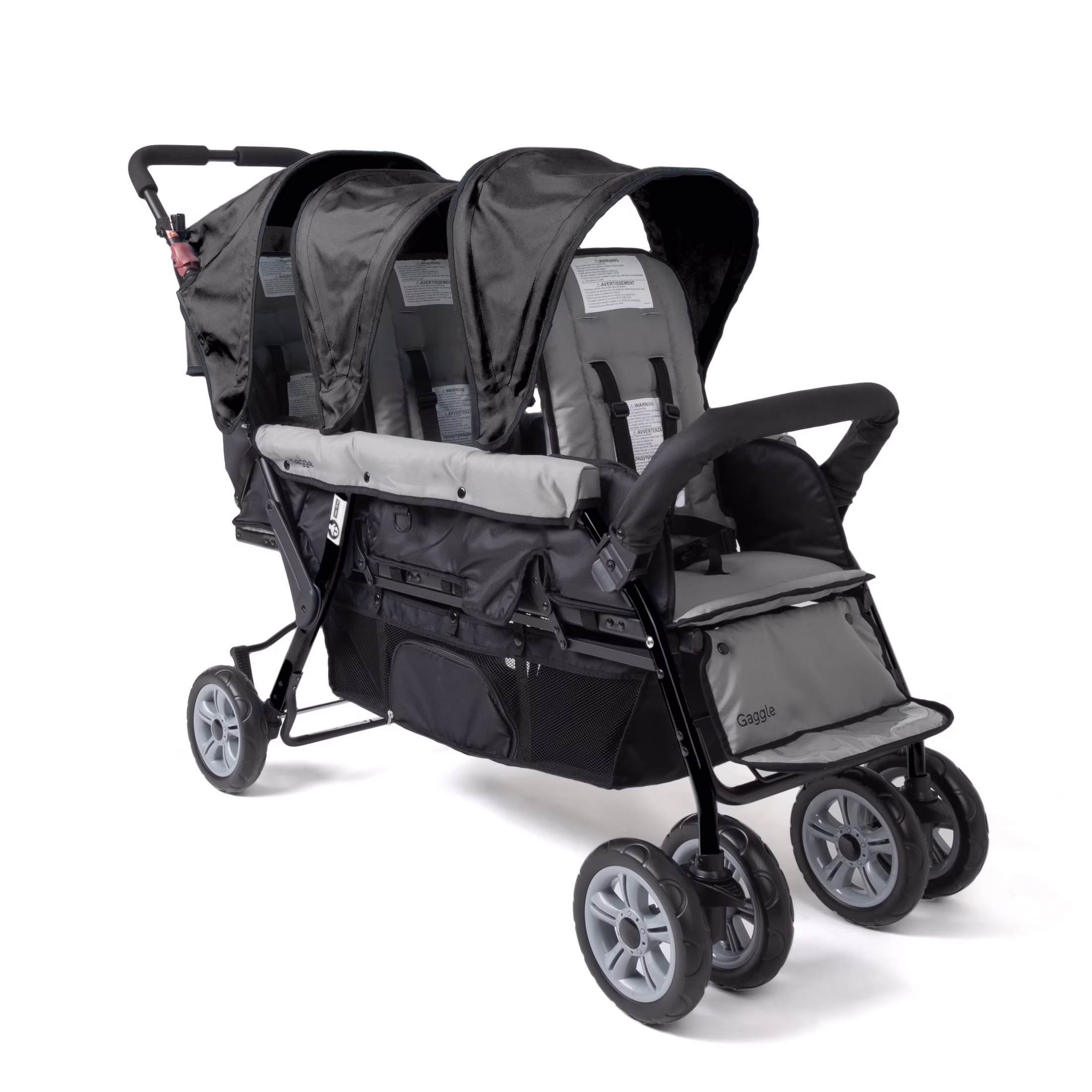 Foundations Compass Trio Triple Stroller, 3-Seat Tandem with UV Canopies and Reclining Seats, Black