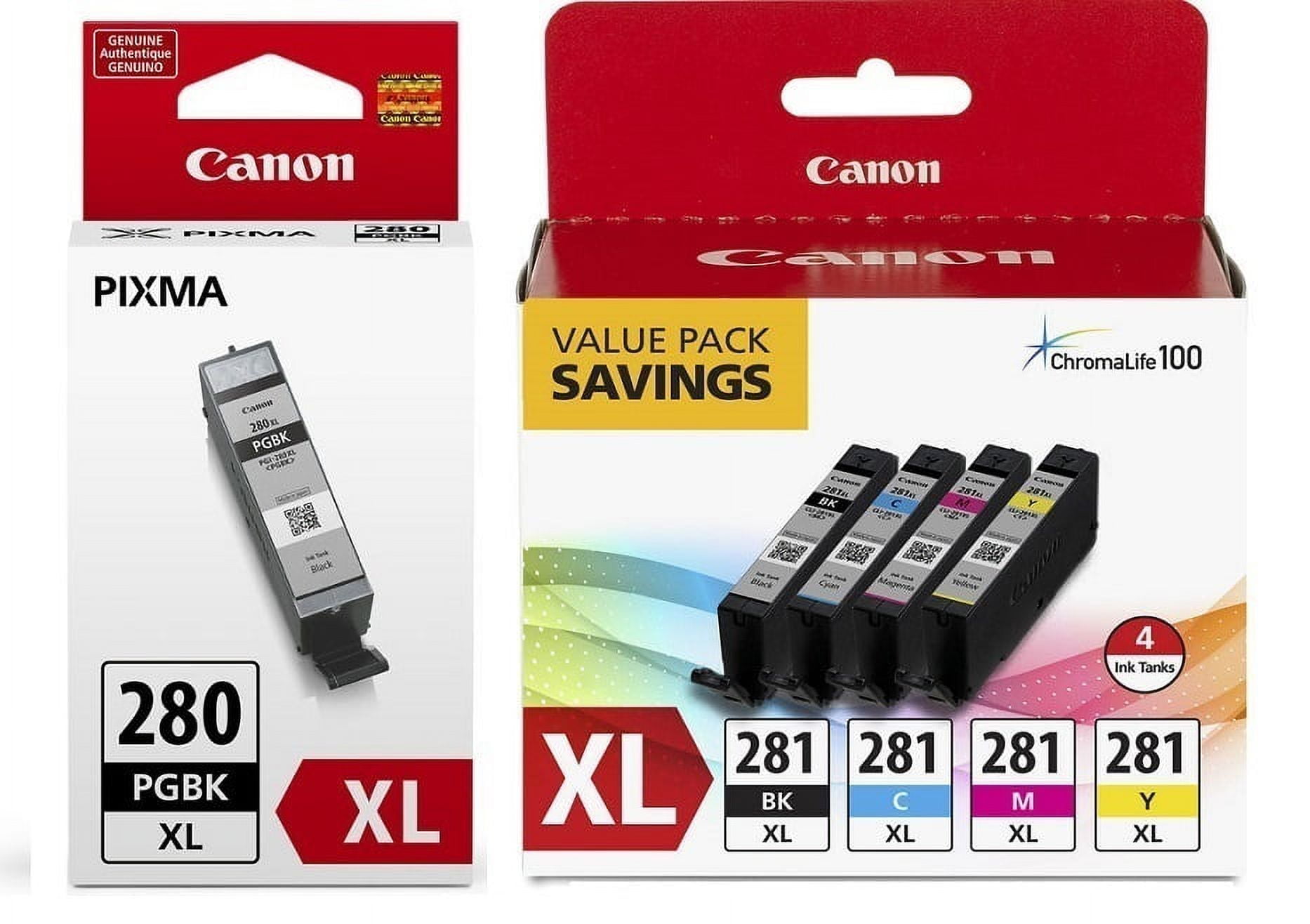 Genuine Canon CLI-281 XL BKCMY 4-Color Ink Tank Value Pack + Canon PGI-280 XL Pigment Black Ink Tank