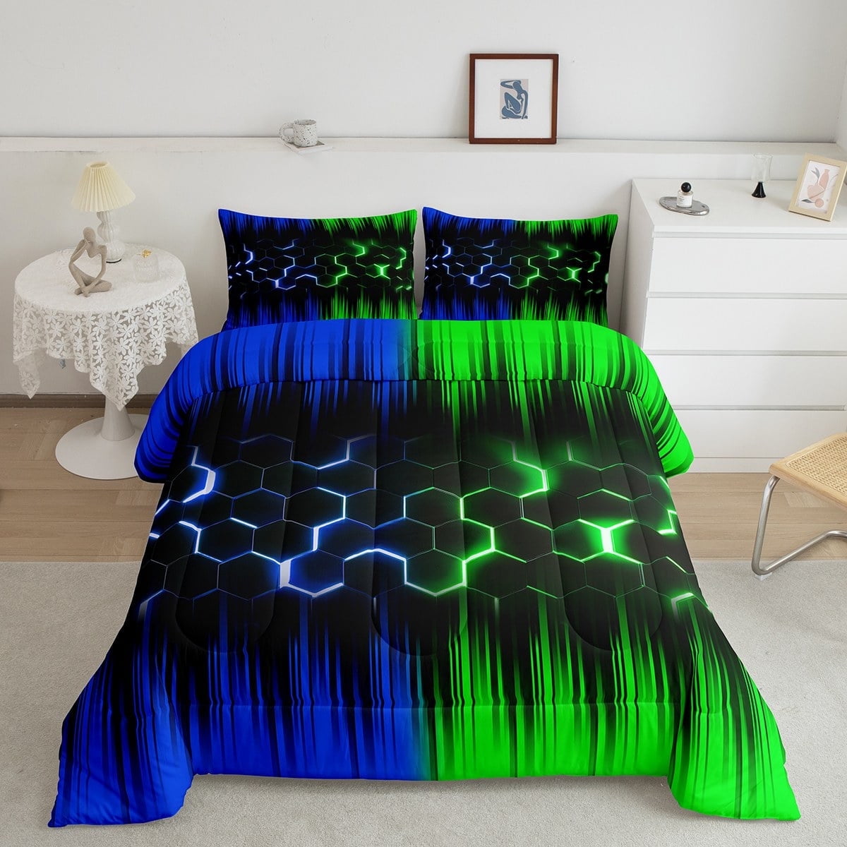 Geometric Honeycomb Comforter Set Twin Neon Green Blue Black Striped Bedding Set Adult,Abstract Gradient Ombre Comforter Set Geometry Beehive Hexagon Bed Set 2Pcs