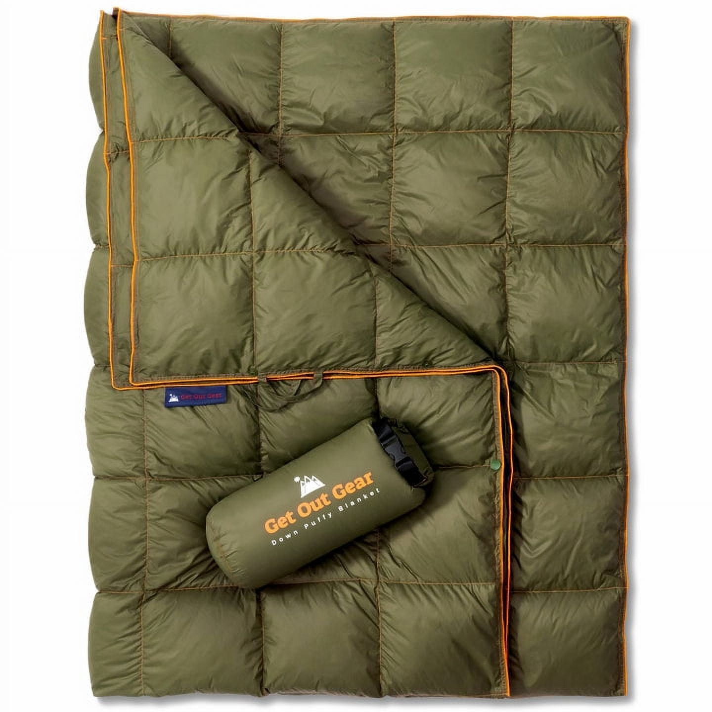 Get Out Gear Down Camping Blanket - Puffy, Packable, Lightweight and Warm | Ideal for Outdoors, Travel, Stadium, Festivals, Beach, Hammock | 650 Fill Power Water-Resistant Backpacking Quilt (Olive)