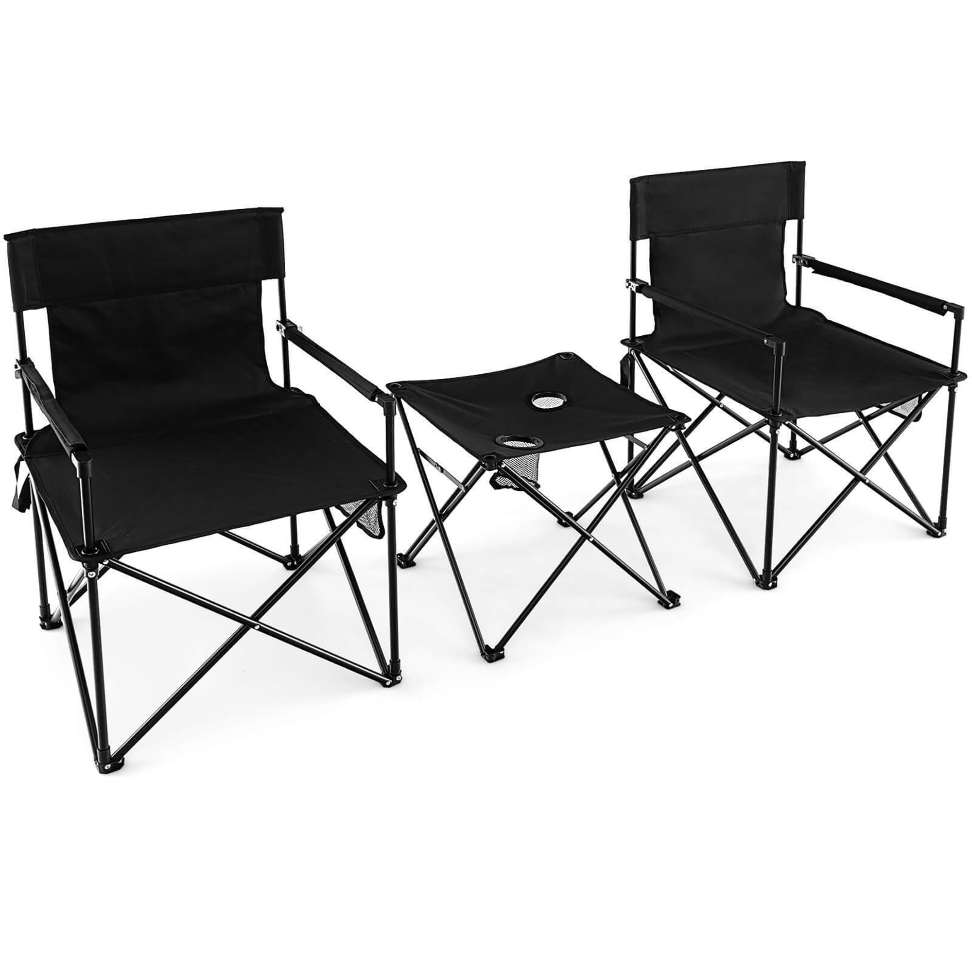 Gymax Folding Camping Chair Set of 3 Portable Lawn Chair & Side Table w/ 2 Cup Holders