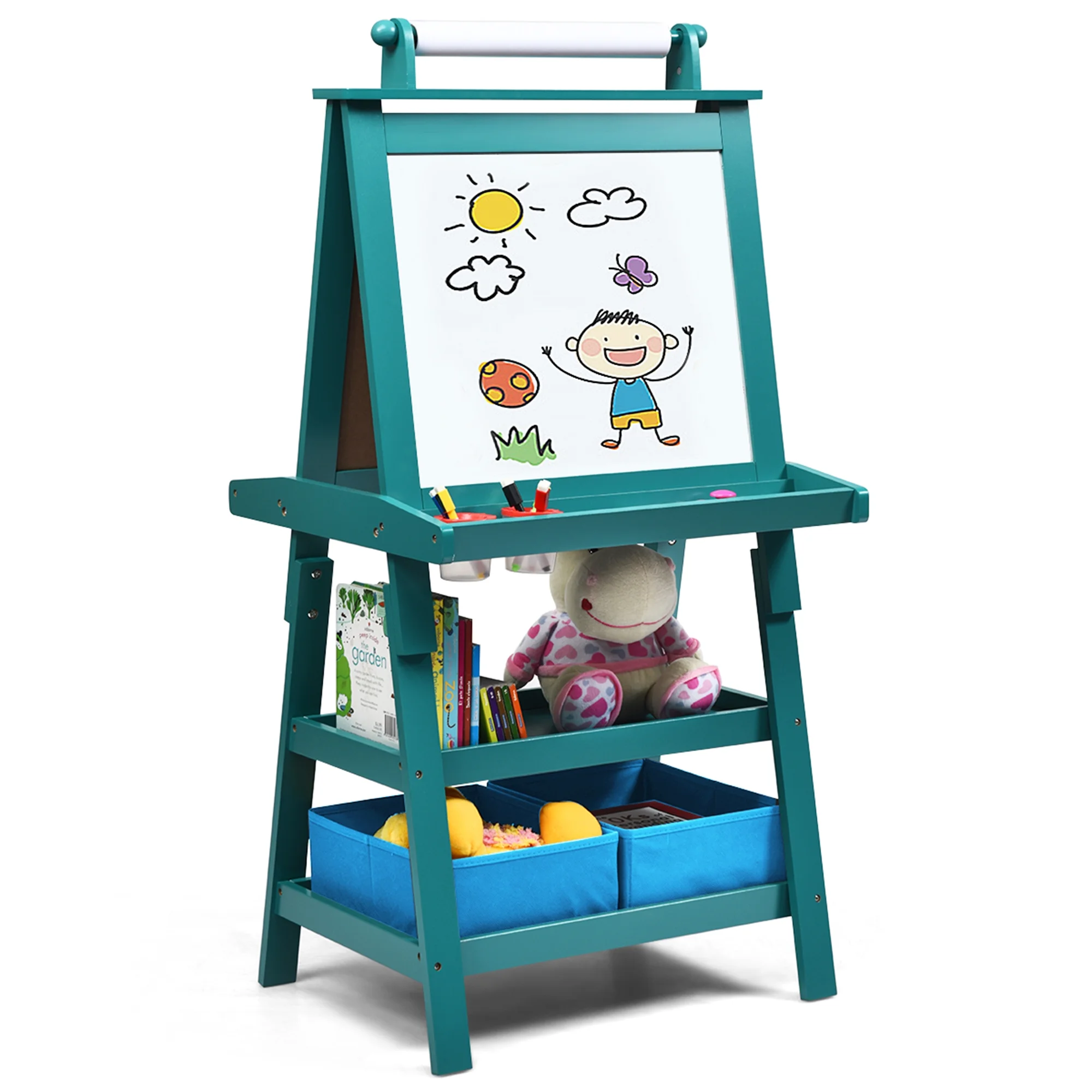 Gymax 3 in 1 Double-Sided Storage Art Easel w/Paint Cups for Kid Writing Teal Frosting
