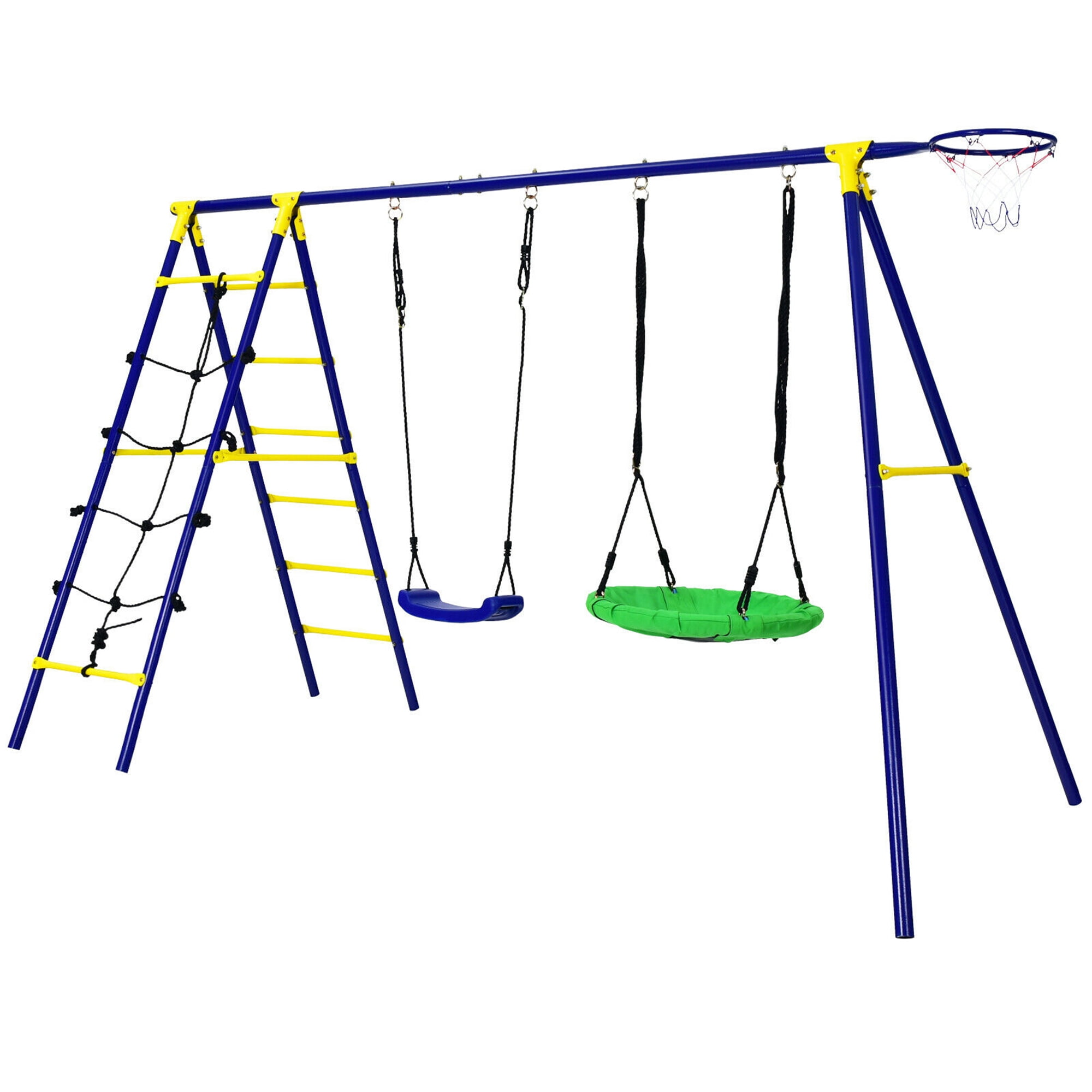 Gymax 5-In-1 Kids Swing Set for Outdoor W/ Heavy Duty Frame Basketball Hoop & Climbing Ladder