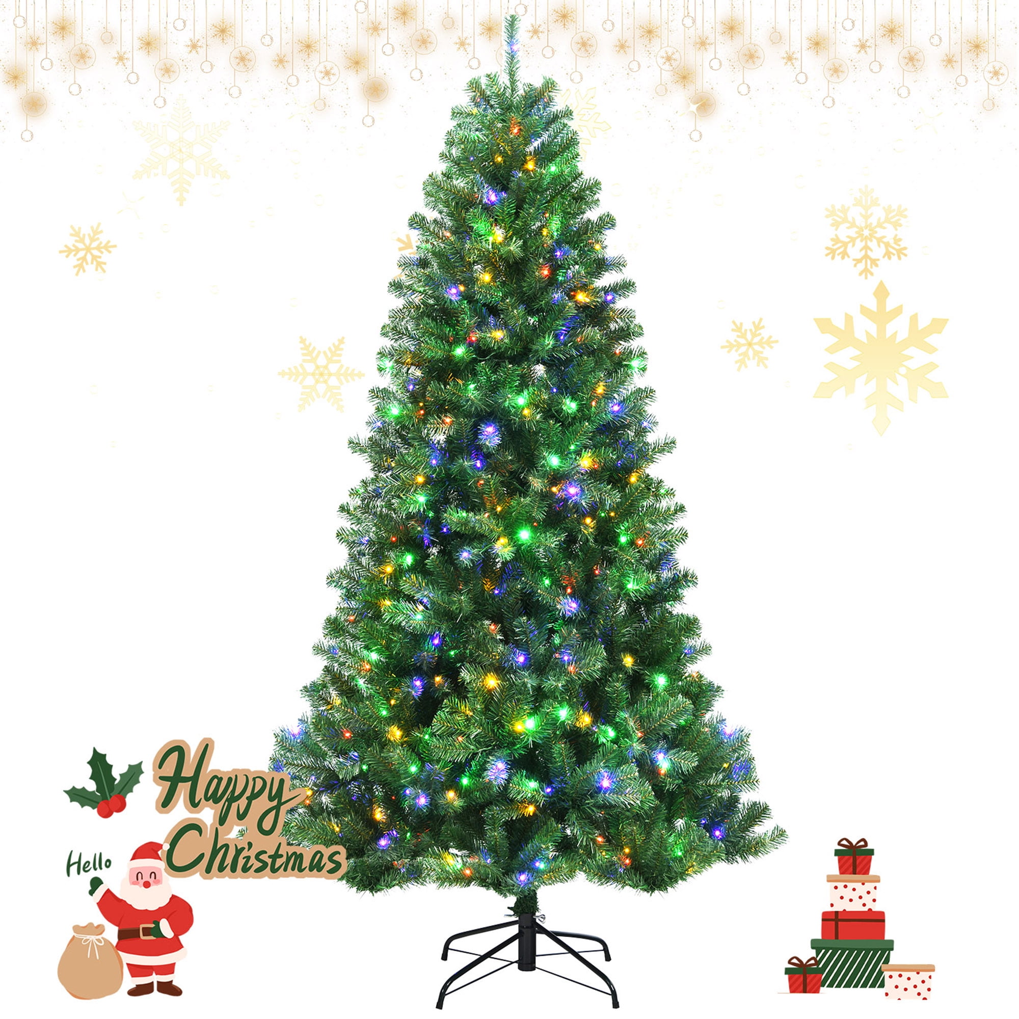 Gymax 6 FT Pre-lit Artificial Christmas Tree Hinged Xmas Tree w/ 9 Lighting Modes