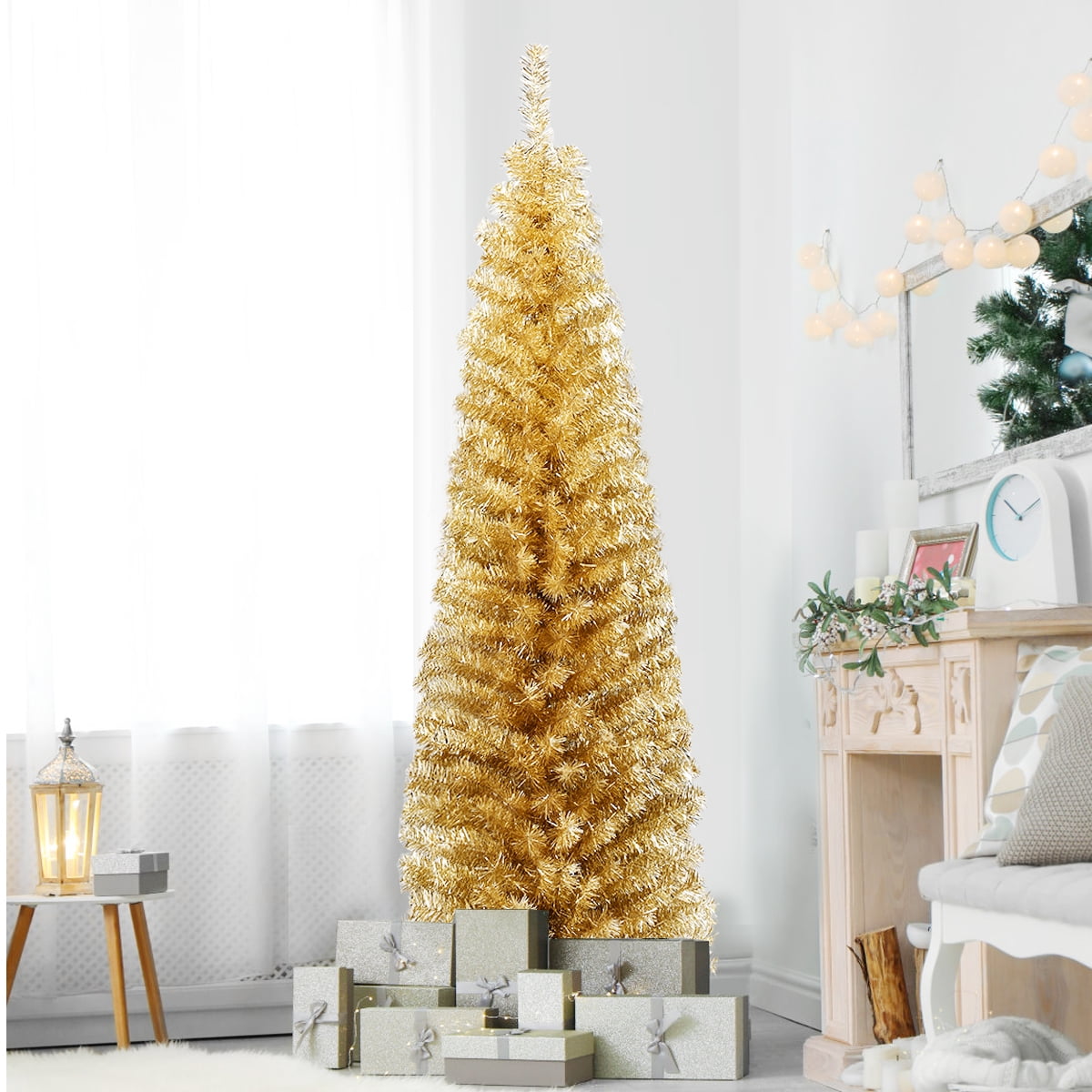 Gymax 6ft Pencil Artificial Christmas Tree Electroplate Pencil Tree (Champagne)