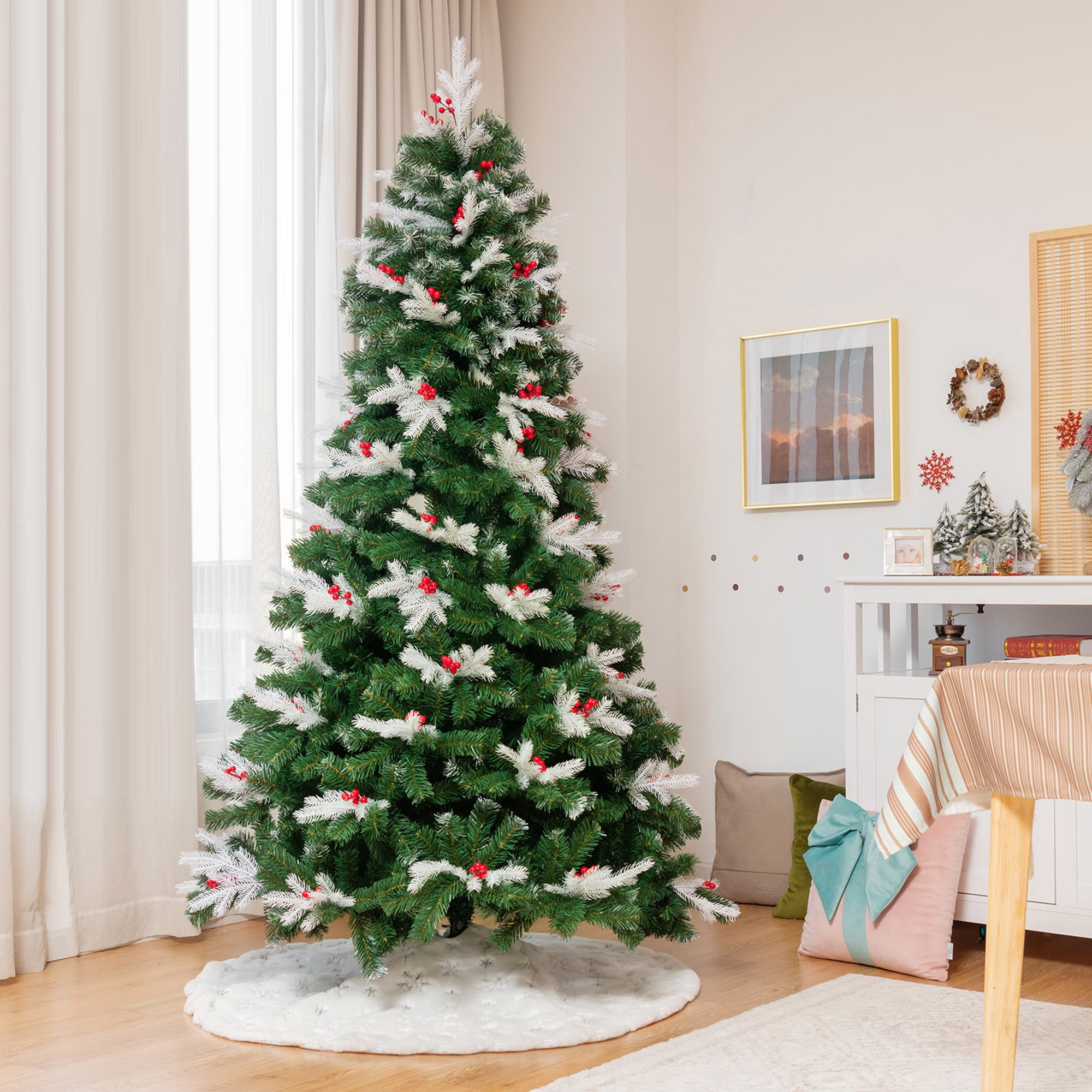 Gymax 7 FT Snow Flocked Christmas Tree Hinged Artificial Xmas Tree w/ Red Berries