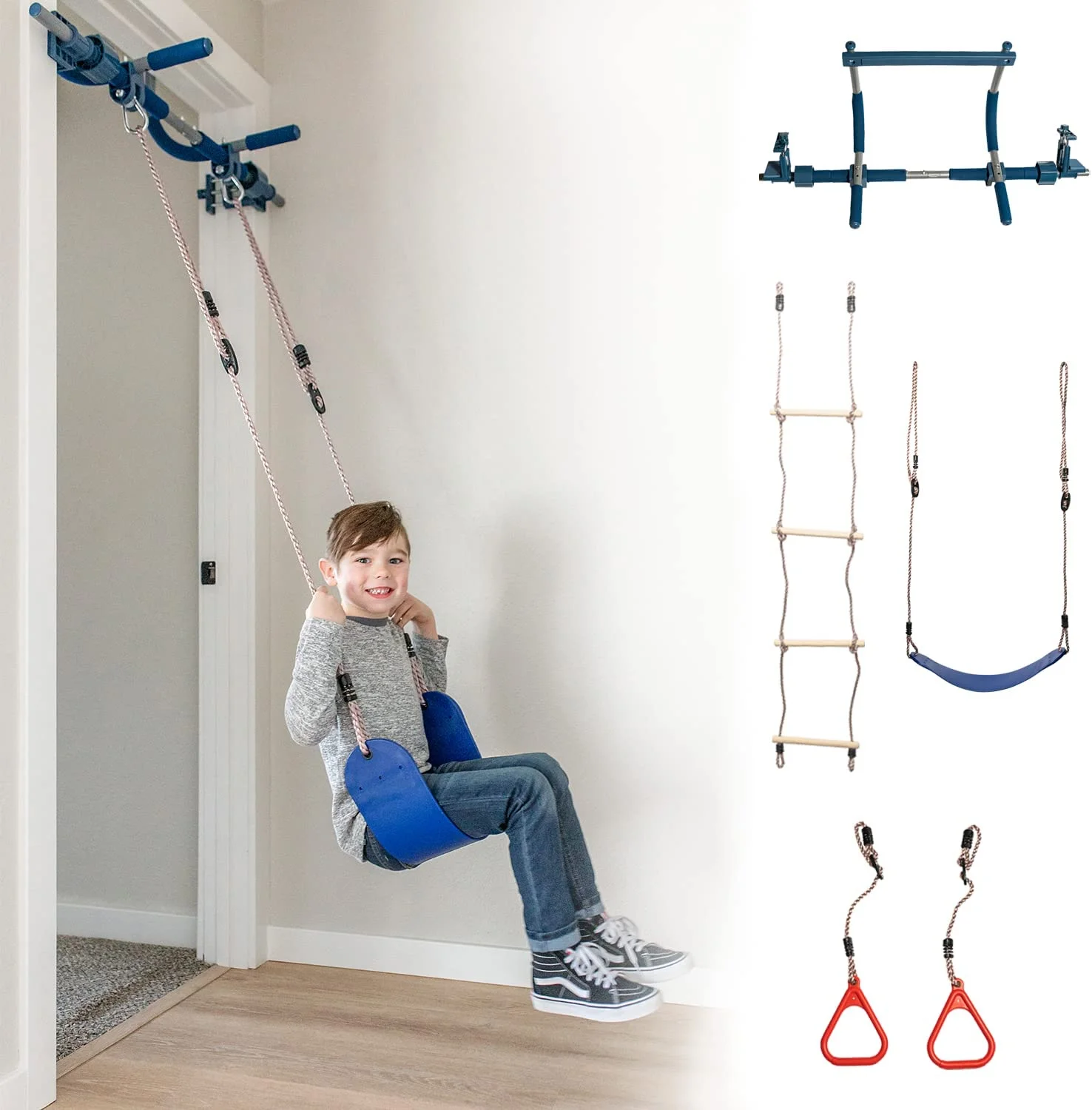 Gym1 4-Piece Doorway Swing Set for Kids and Teens Ages 3–14, Includes Sensory Swing, Indoor Pull Up Bar, Rings for Grip Power, Agility Ladder, Holds Up to 300 Lbs