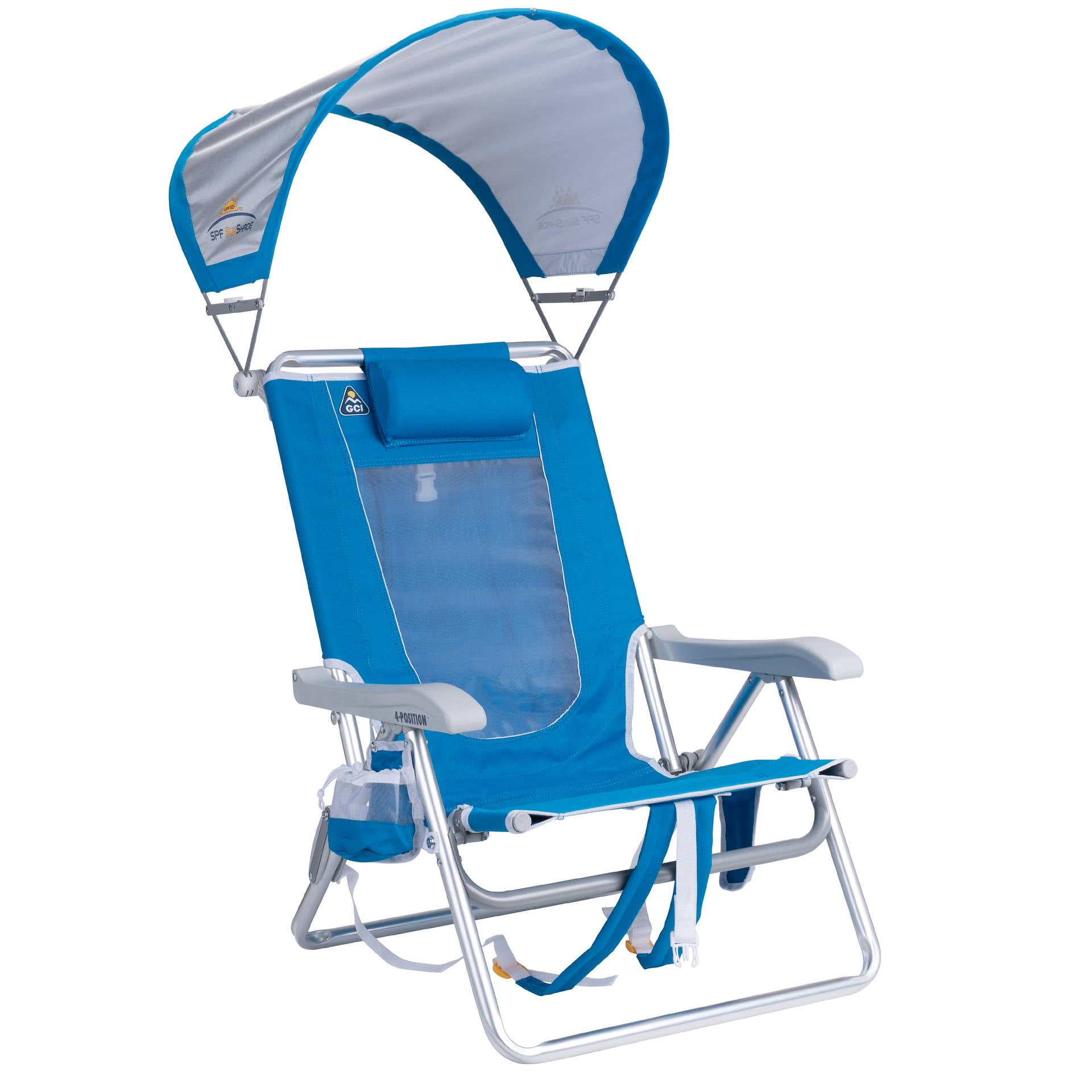 GCI Outdoor SunShade Backpack Beach Chair Reclining Low Profile Seat with Canopy, Saybrook Blue