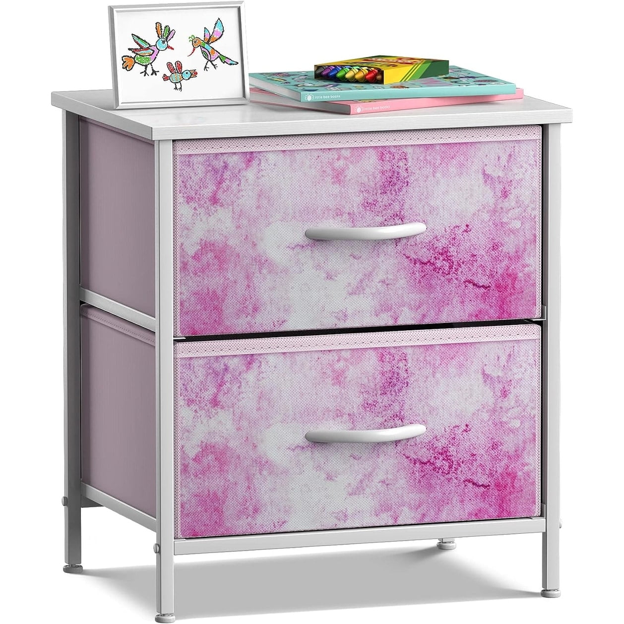 Sorbus 2 Drawer Bedside Nightstand End Table Bedroom Dresser, Pastel Colors Tie-Dye Pink