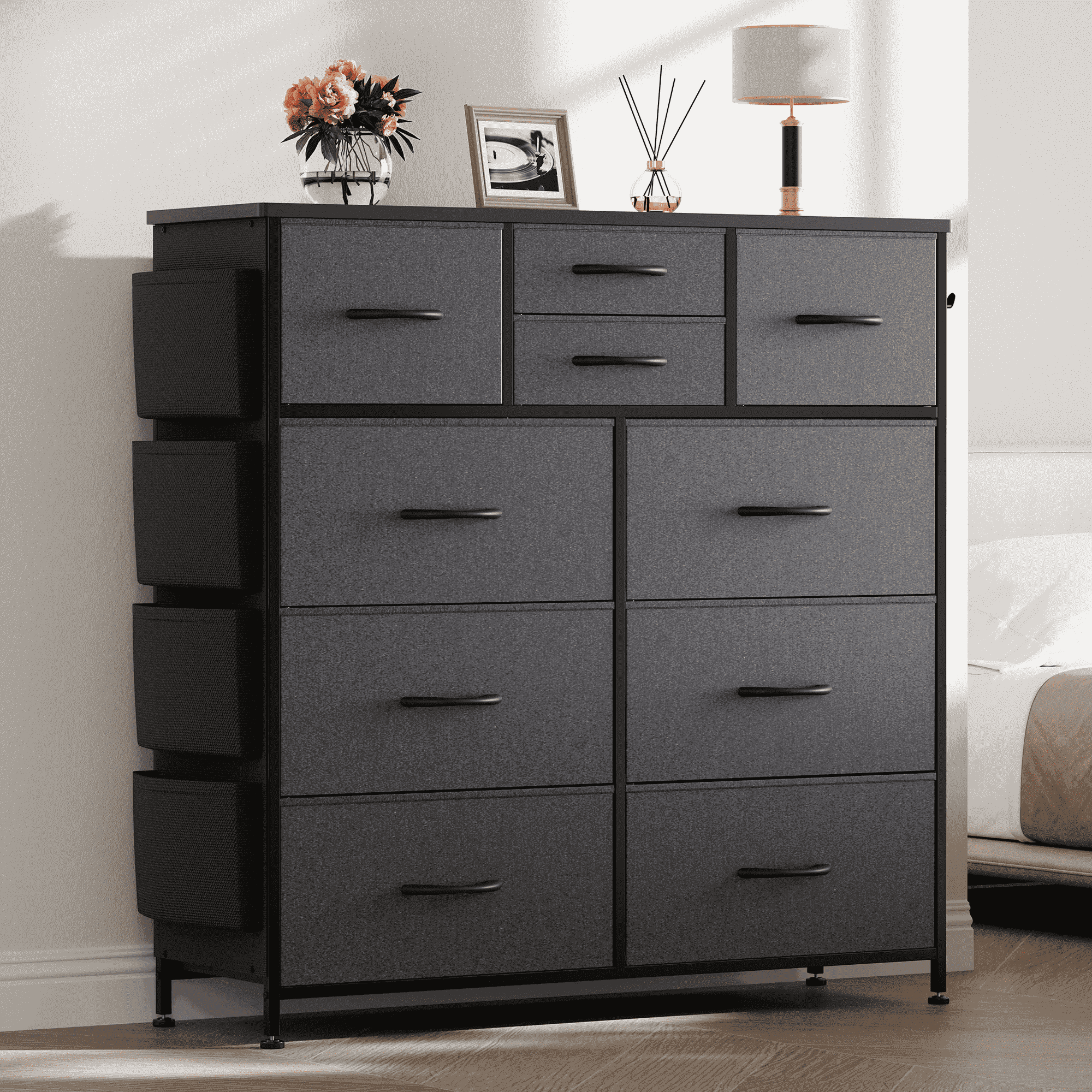 Aowos 10 Drawer Dresser, Chest of Drawers Dressers for Bedroom with 4 Side Pockets and 2 Hooks, Dark Grey