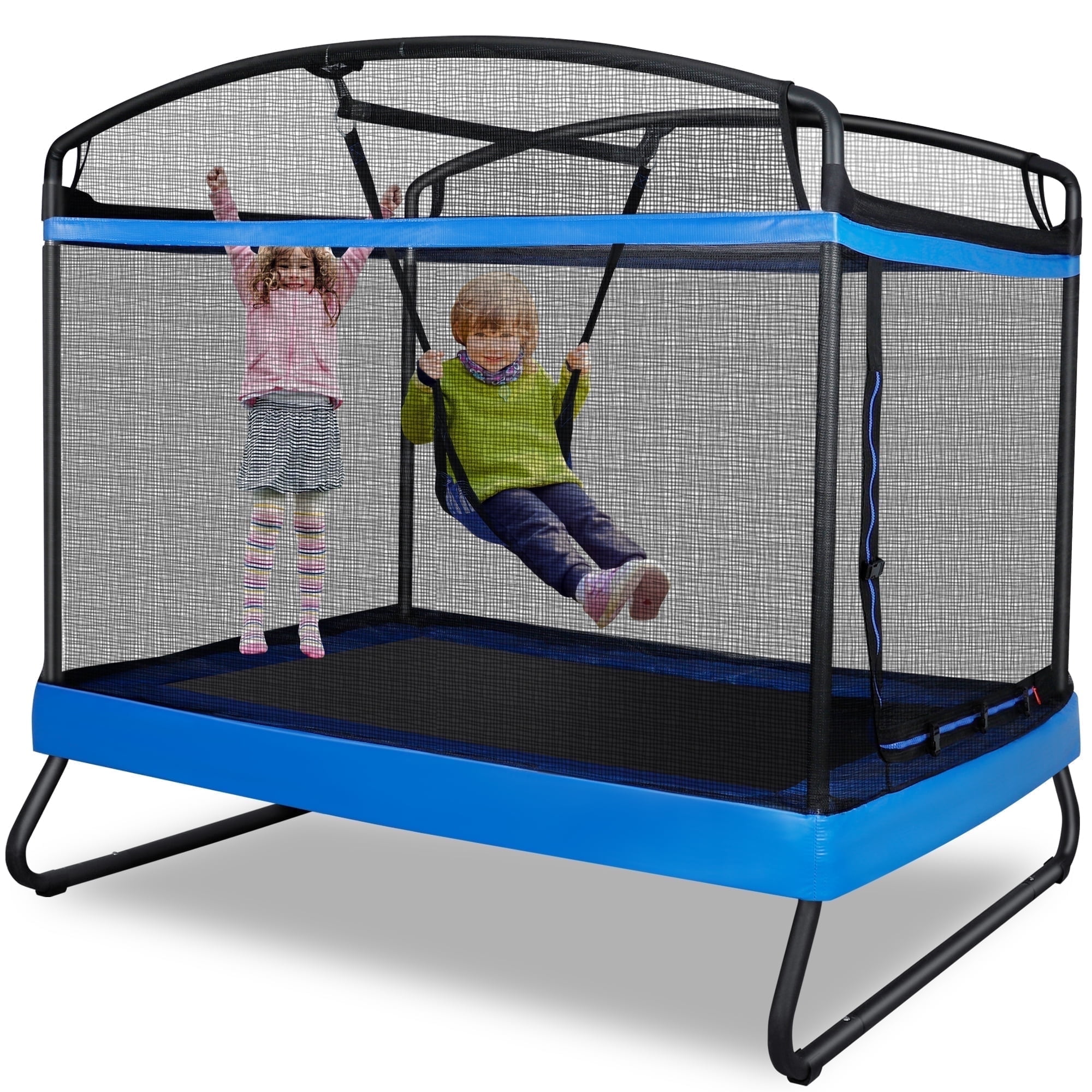 GIKPAL 3-in-1 Kids Trampoline with Swing Set, 6FT Rectangle Toddler Trampoline Indoor/Outdoor for Ages 3-8, Heavy-Duty Jumping Mat for Backyard Play, Blue