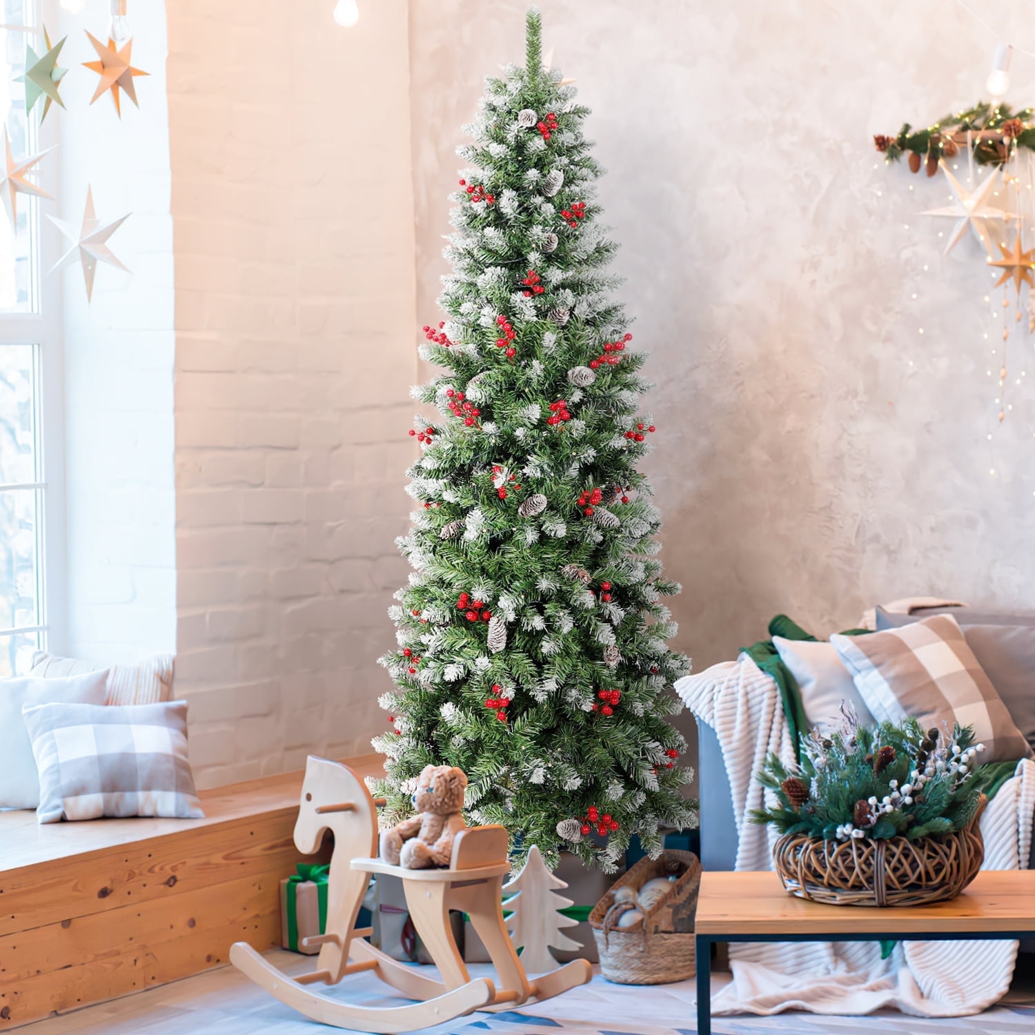 GIKPAL 6ft Pre-Lit Pencil Christmas Tree, Skinny Spruce Slim Holiday Decoration w/ 600 Tips, 200 Incandescent Lights, Metal Hinges & Base