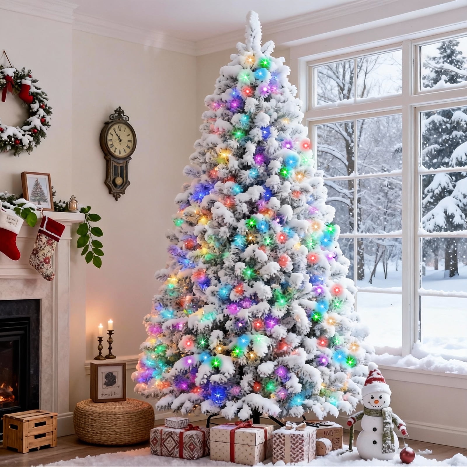 Vebreda 6ft Pre-Lit Snow Flocked Christmas Tree with Color-Changing RGB Lights, Full 821 Branch Tips, Artificial Holiday Decor for Home