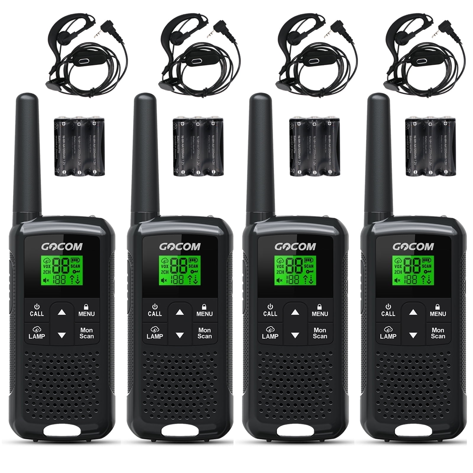 GOCOM G200 Walkie Talkies for Adults 4pk with Two Way Radios, Rechargeable Long Range ,with LED Light,22 FRS Channels,10 Weather Channels