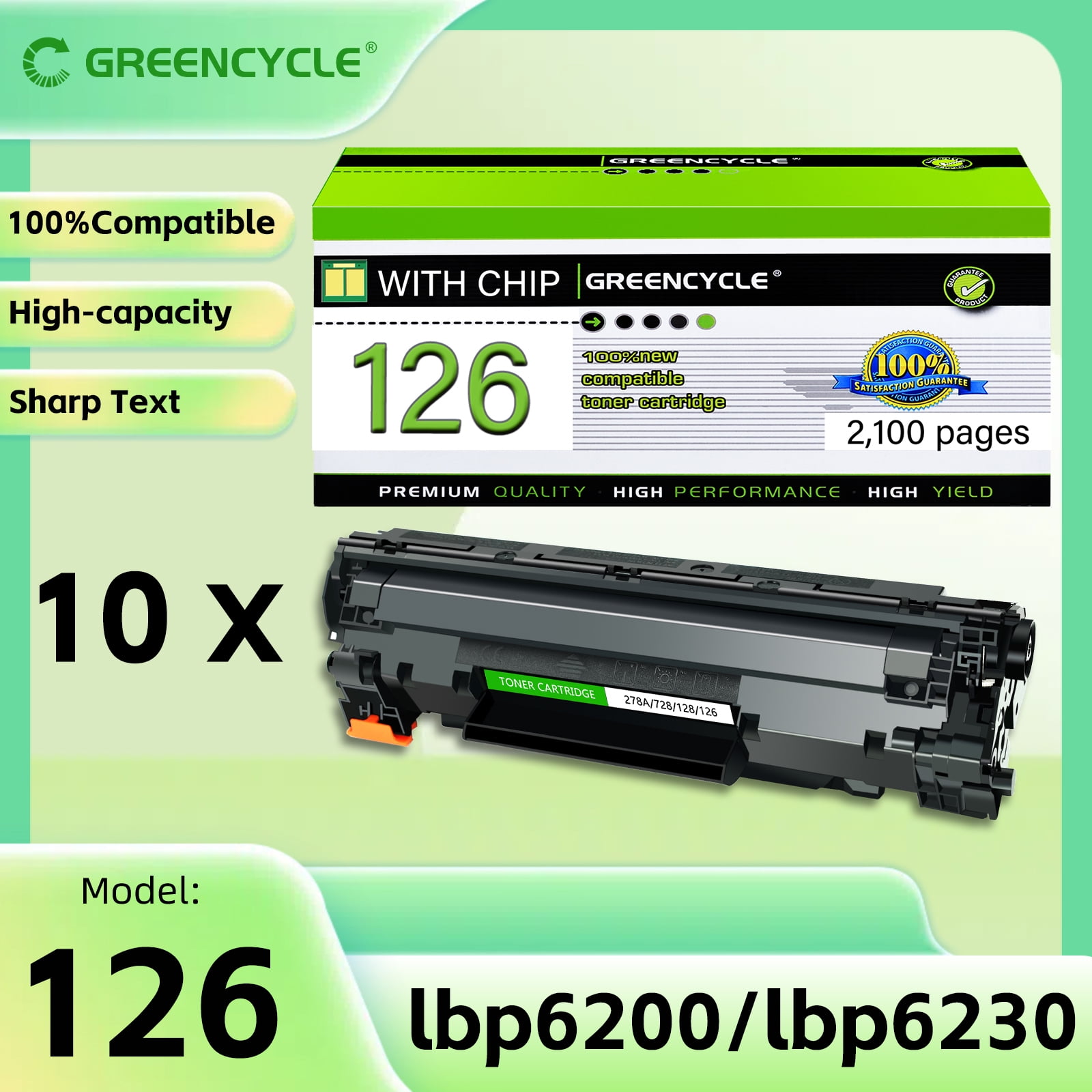 GREENCYCLE 10 Pack CRG126 Compatible Black Toner Cartridge Replacement for Canon 126 CRG-126 High Yield Toner Use with ImageClass LBP6200d LBP6230dw Printer