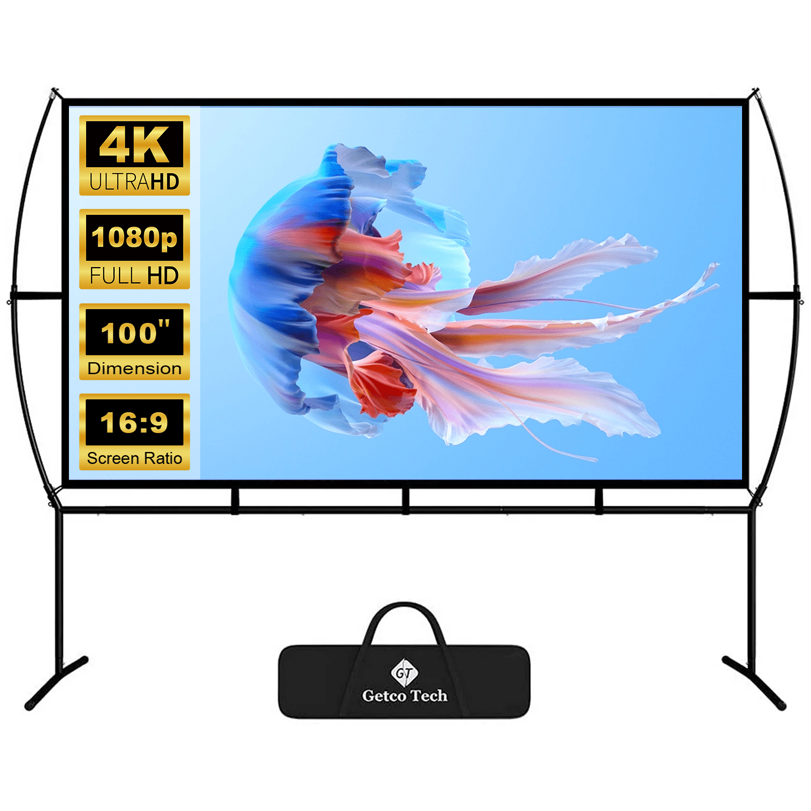 GT GETCO TECH Outdoor Projector Screen with Stand, Portable Projection Screen with Carry Bag, Indoor Movie Screen for Home Theater, 100 inch