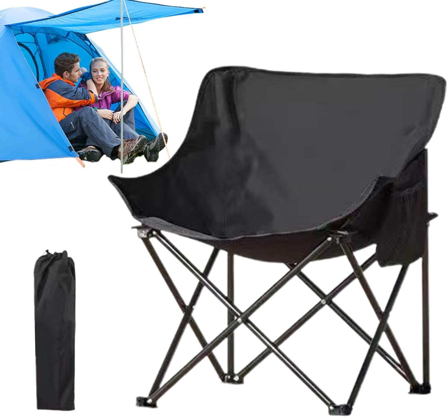 GVDV Foldable Camping Chair with Side Pocket, 600D Waterproof Oxford Cloth, Black