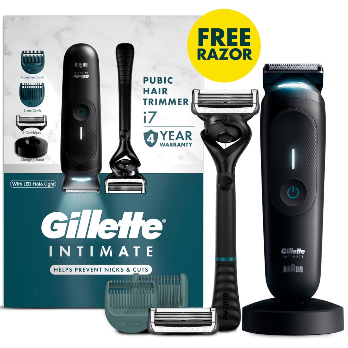 Gillette i7 Intimate Men’s Premium Pubic Hair Trimmer, with Intimate Razor, Body Hair Trimmer for Men Grooming Kit