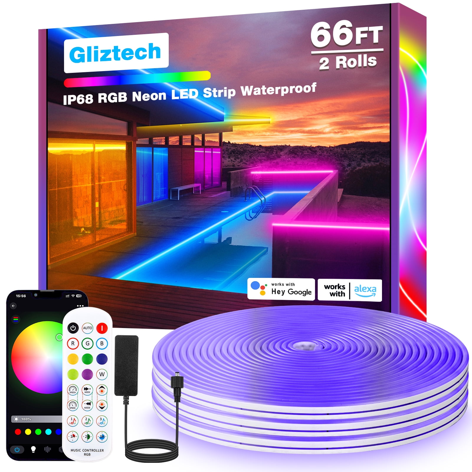 Gliztech 66FT Neon LED Strip Outdoor, IP68 Waterproof WiFi Neon Rope Light Compatible with Alexa, 24V RGB Music Sync Silicone LED for Bedroom, Party, Patio Decoration