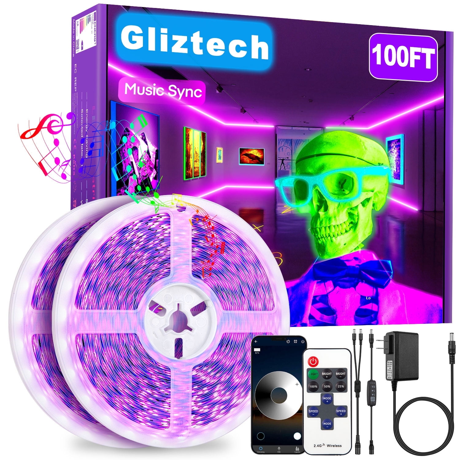Gliztech 100FT Black Light Led Strip App Control, Black Light for Glow Party with Remote, Self Adhesive UV Light Strip for Halloween Decor, 24V