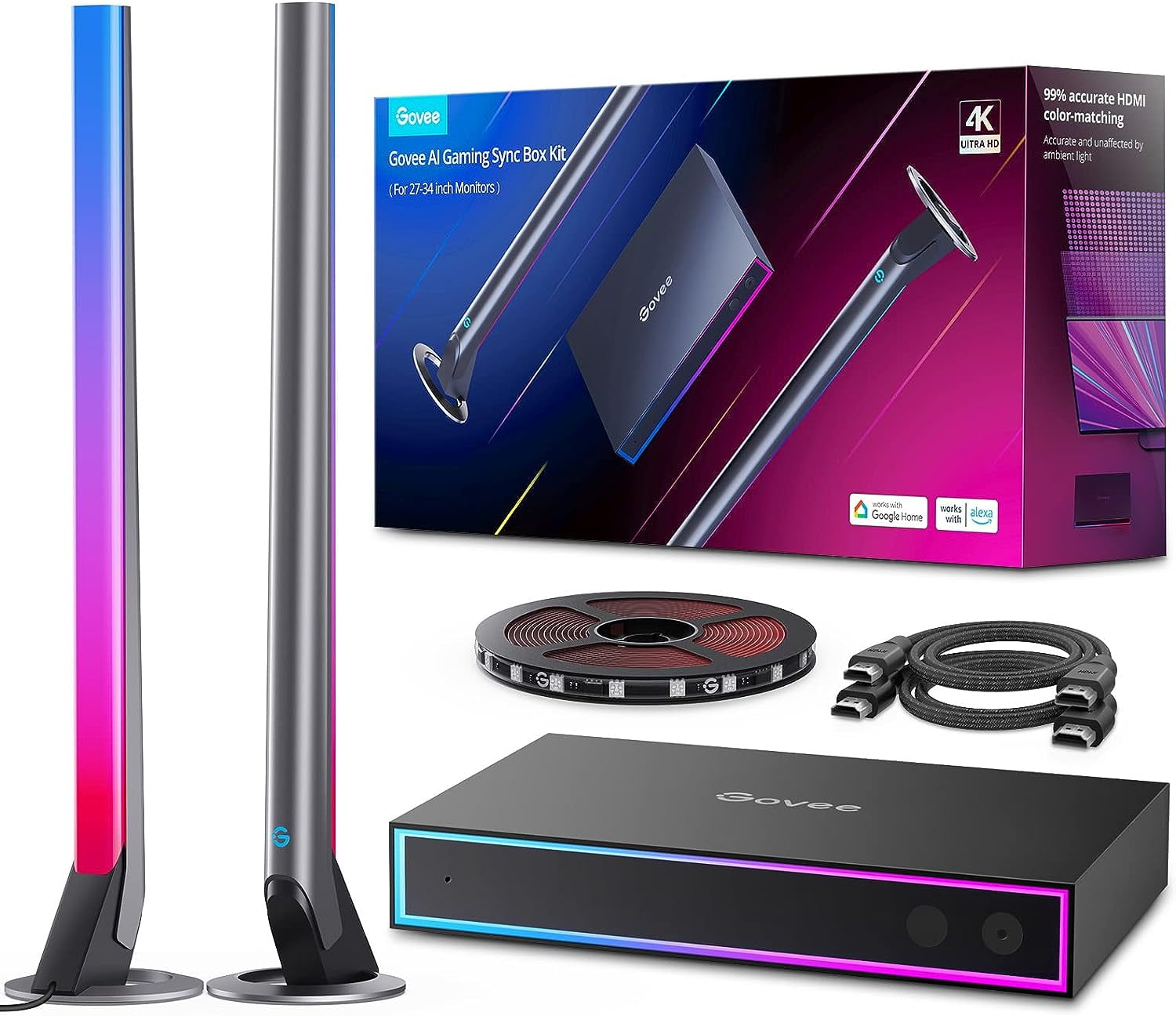Govee AI Gaming Sync Box Kit, with Light Bars And Monitor Back Light, HDMI2.0 4K Gaming Box, RGBIC LED Light Strip for 27-34 inch Monitors, Works with Alexa, Google Assistant, and CEC, 3 HDMI In 1 Out