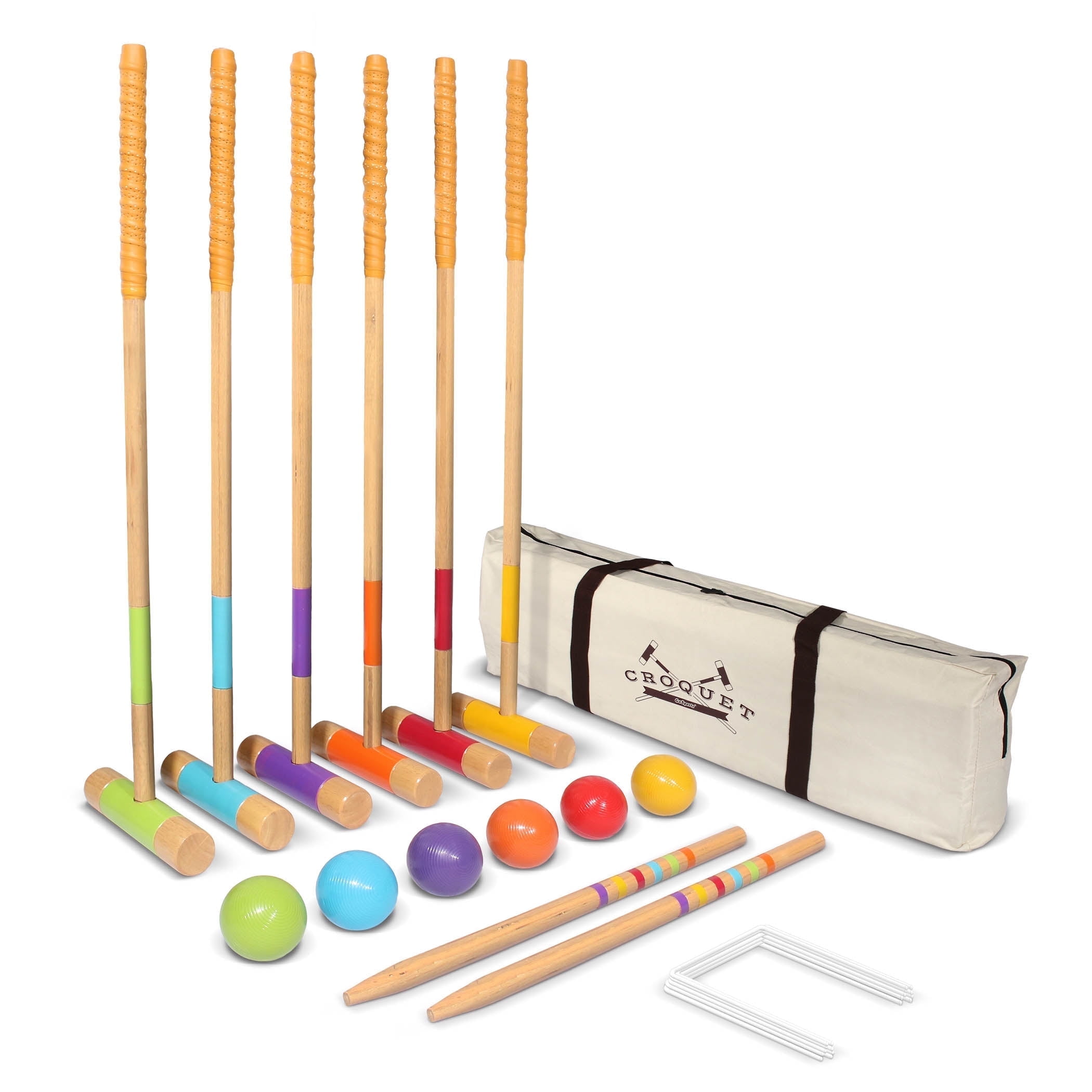 GoSports Deluxe Croquet Set - Full Size for Adults & Kids, Includes 6 Croquet Premium Wood Mallets(35 In Long), 6 Balls, 9 Wickets