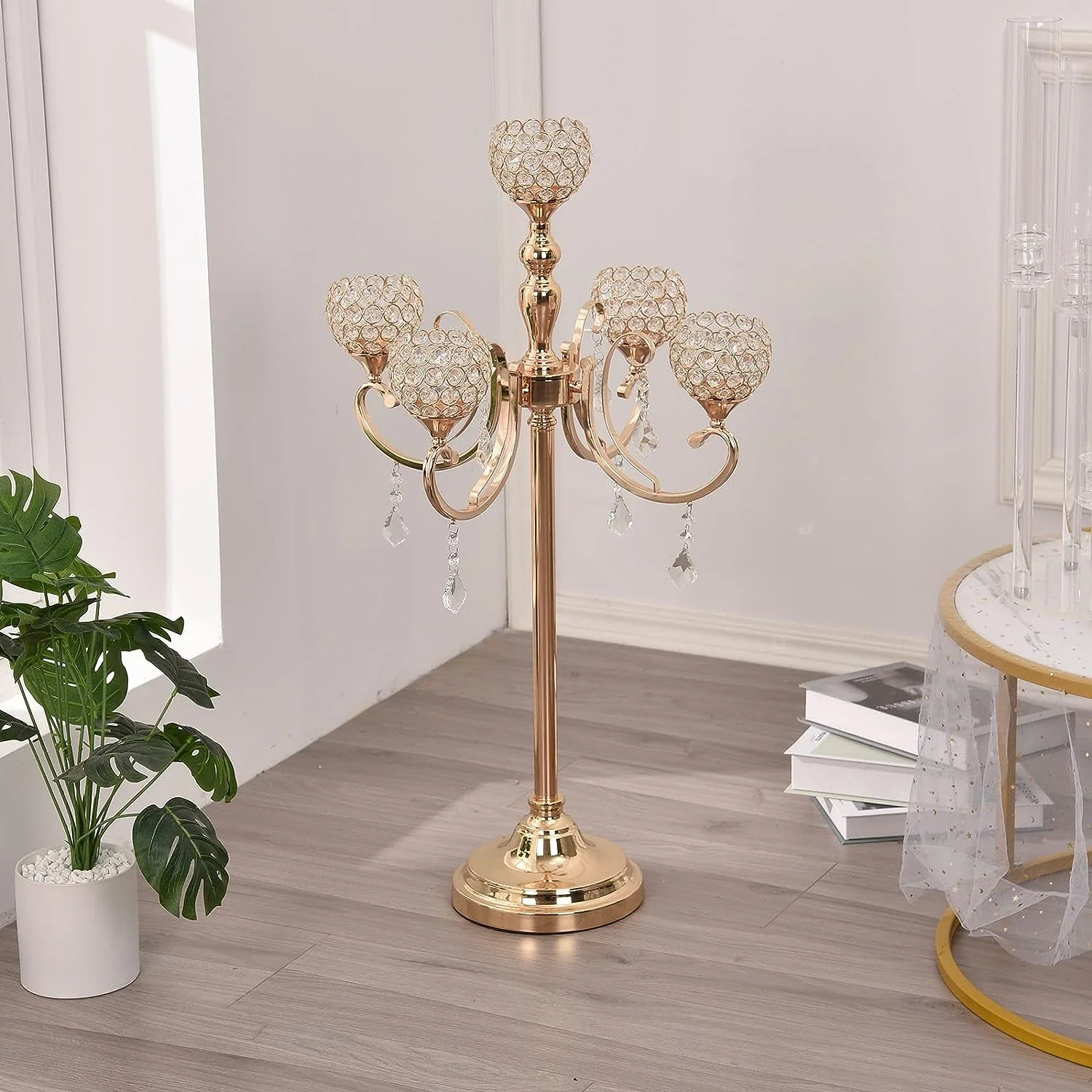 Gold Crystal Floor Candle Holders Centerpieces for Wedding Table Decoration,Christmas Decoration 5 Arms Floor Candlestick Holders