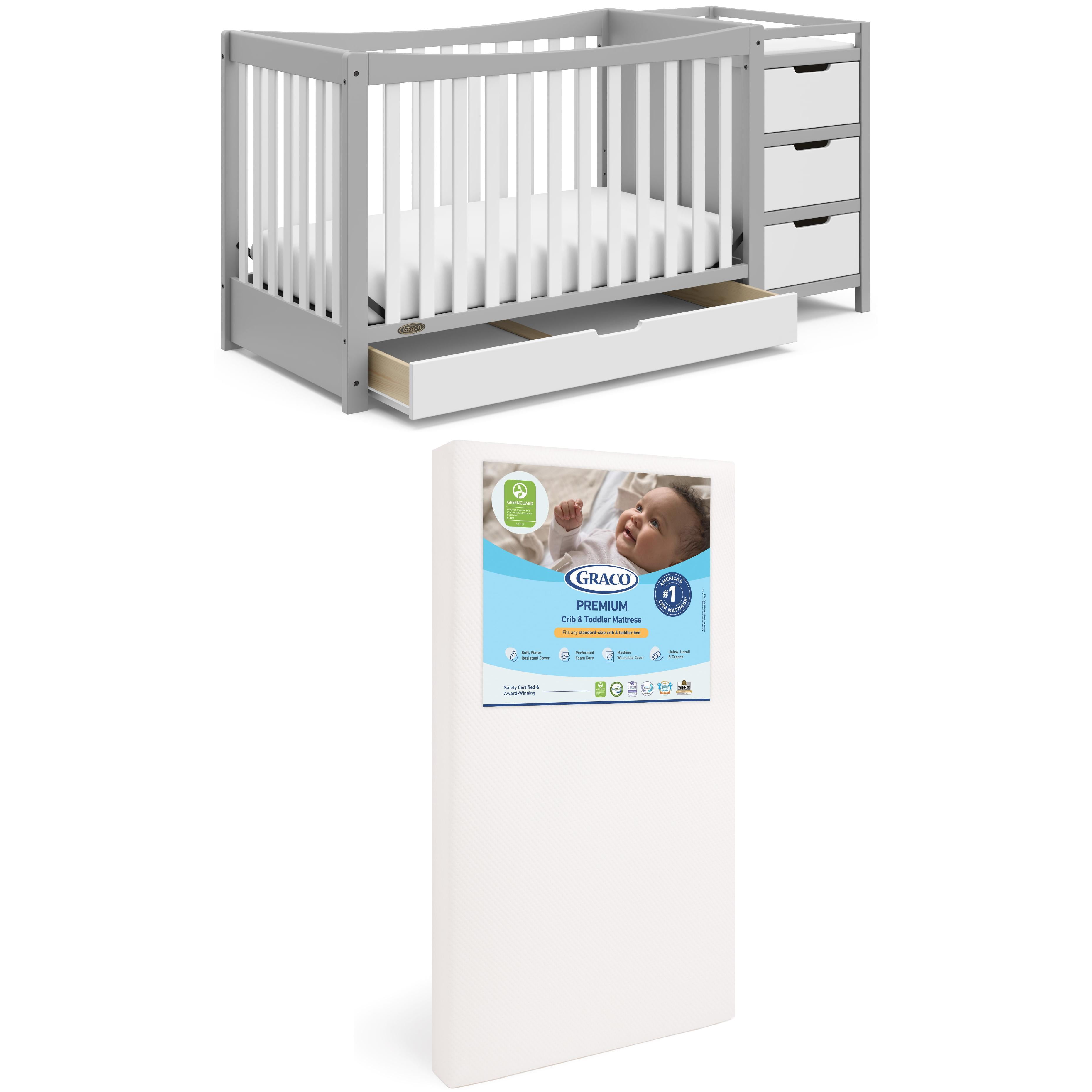 Graco Remi 4-in-1 Convertible Crib and Changer and Premium Crib & Toddler Mattress Bundle, Pebble Gray with White