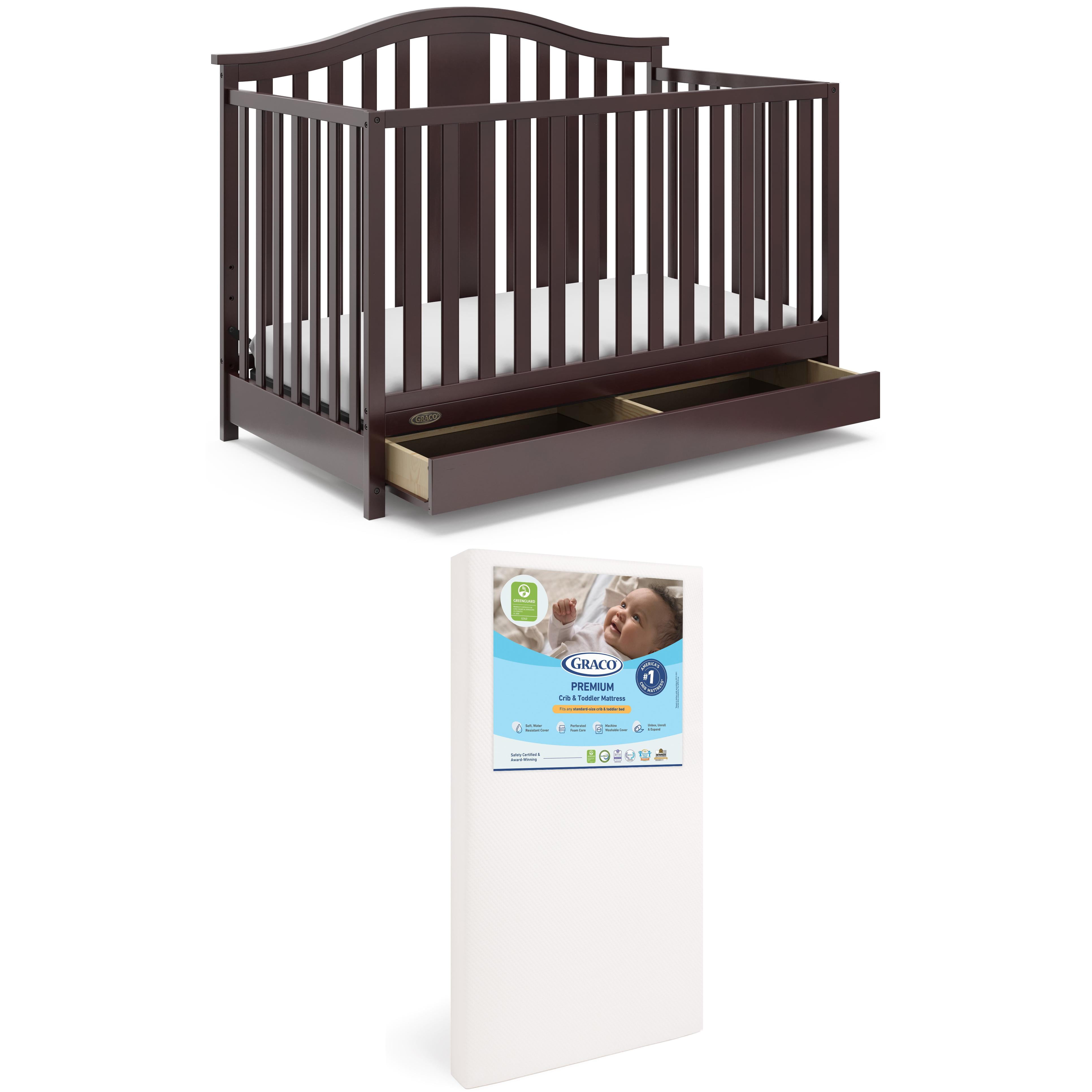 Graco Solano 4-in-1 Convertible Crib with Drawer and Premium Crib & Toddler Mattress Bundle, Espresso
