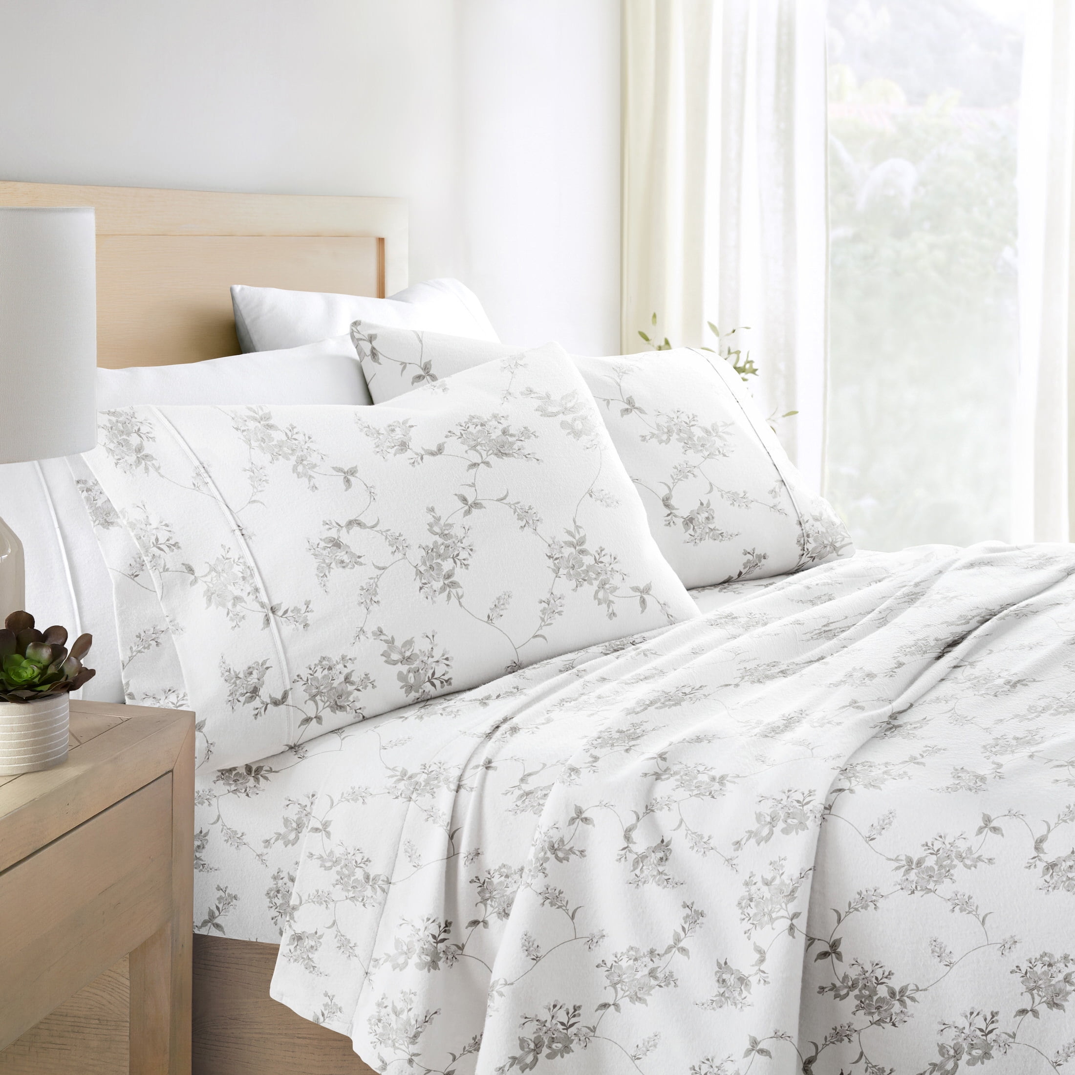 Gray Sylvan Rose 4 Piece 100% Cotton Flannel Deep Pocket Sheet Set, King, by Noble Linens