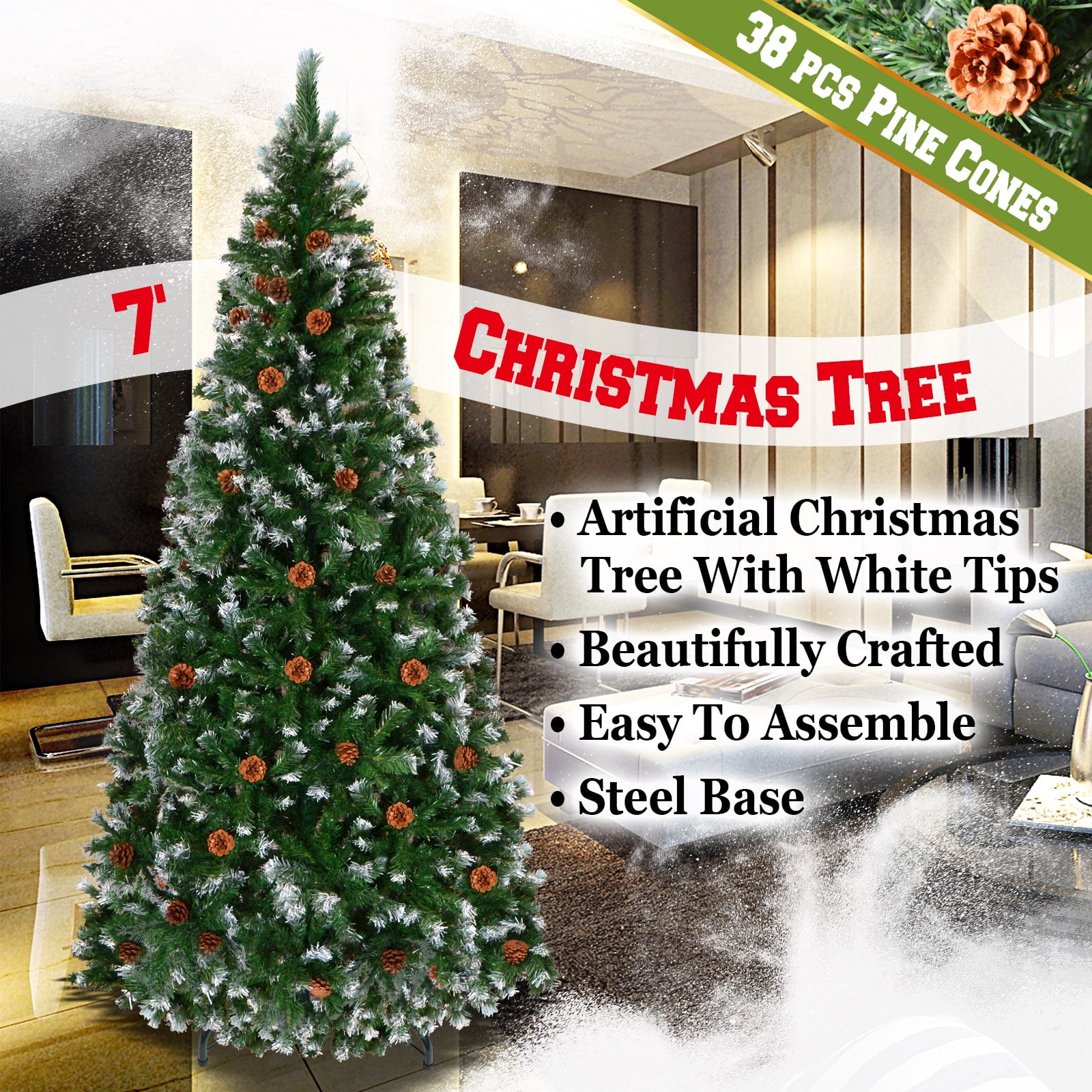 Green 7' Snow Tipped Christmas Tree with pinecones Artificial Realistic Natural Branches -Unlit With Steel Stand (7' with 1000 Tips and 38 pinecones)