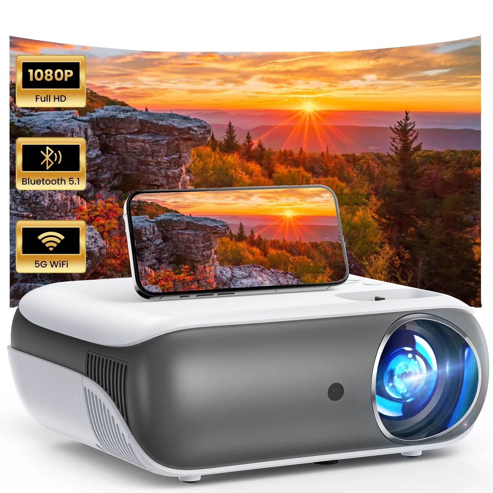Groview Mini Projector with WiFi and Bluetooth, Native 1080P Support 4K, LED Display,100" Screen Included