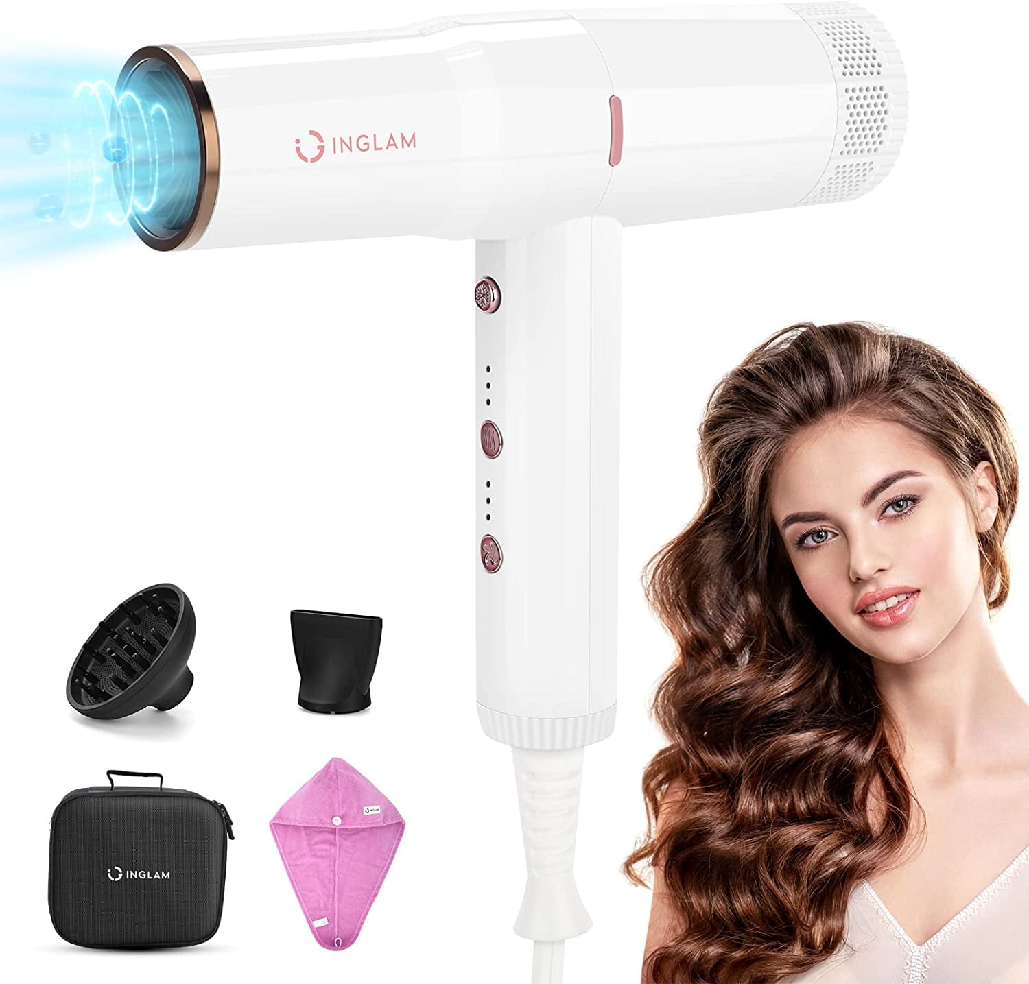 Hair Dryer with Diffuser, IG INGLAM Professional 110,000 RPM High Speed Brushless Motor Negative Ion , 3 Heat Settings 3 Speeds Powerful Blow Dryer