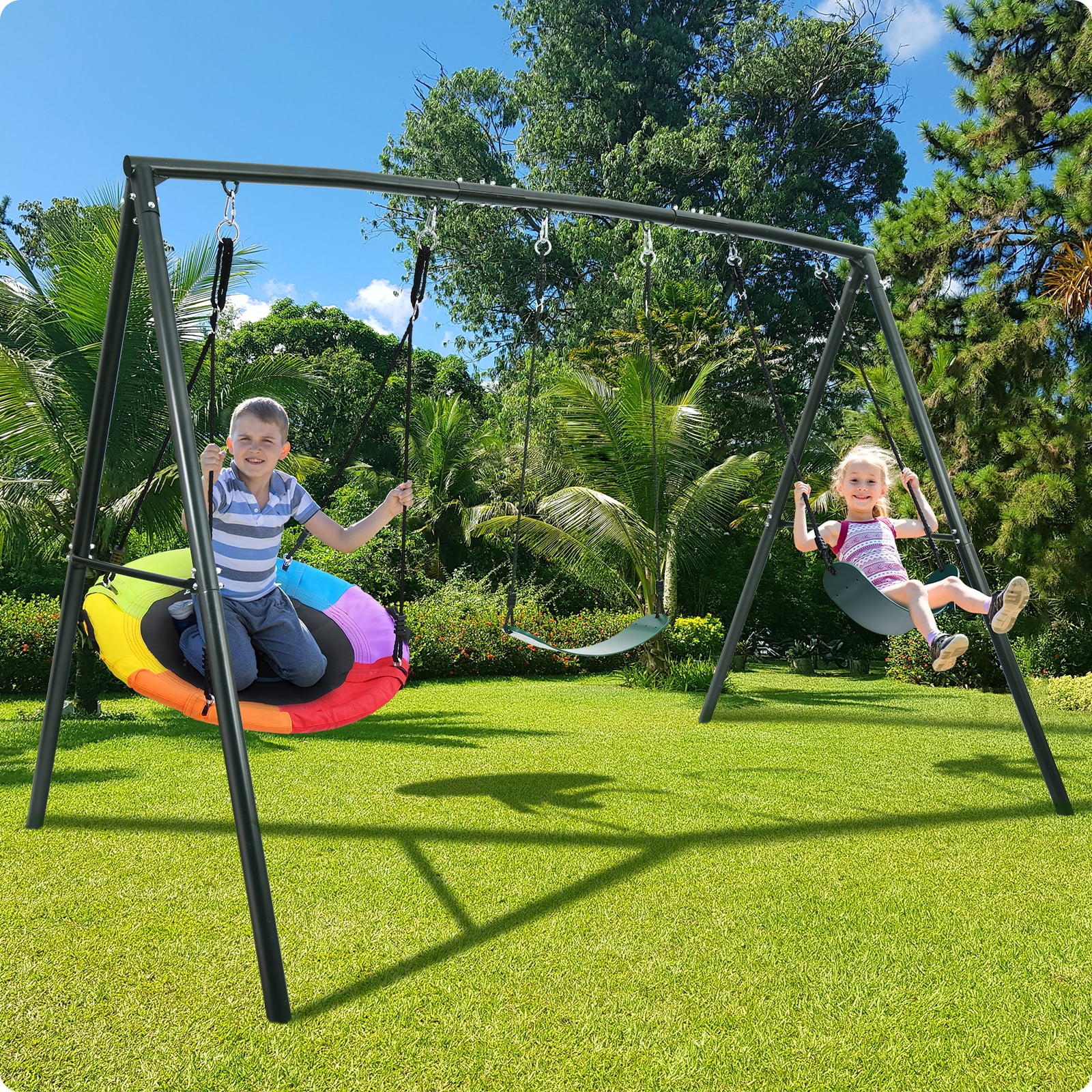 Hapfan 500lb Heavy Duty Metal Swing Set with 900D Oxford Saucer Swing, 2 PCS EVA Belt Swing