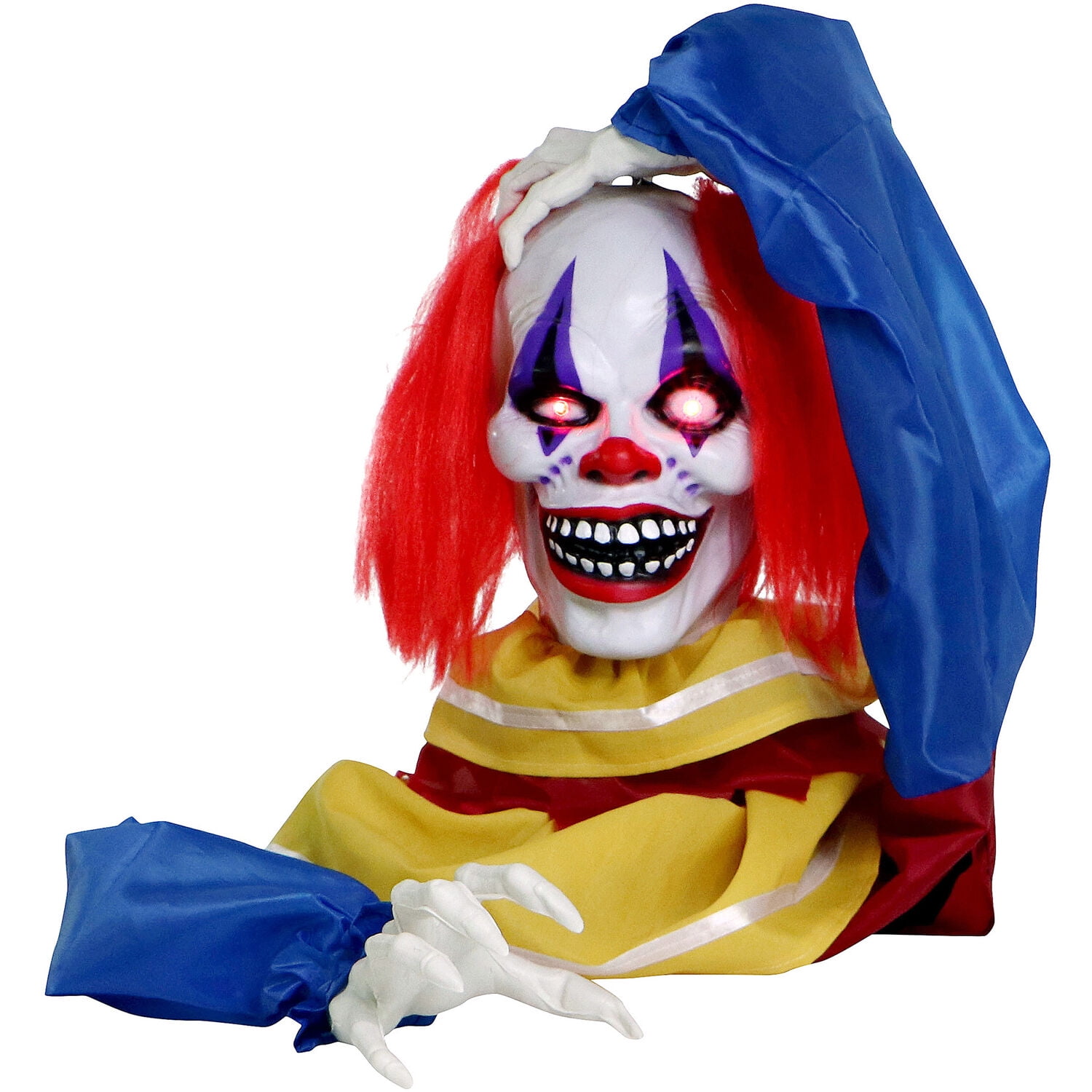 Haunted Hill Farm 20" Animatronic Pop-Up Talking Clown Head with Light-Up Eyes for Scary Halloween Tabletop Decoration, HHCLOWN-29FLSA