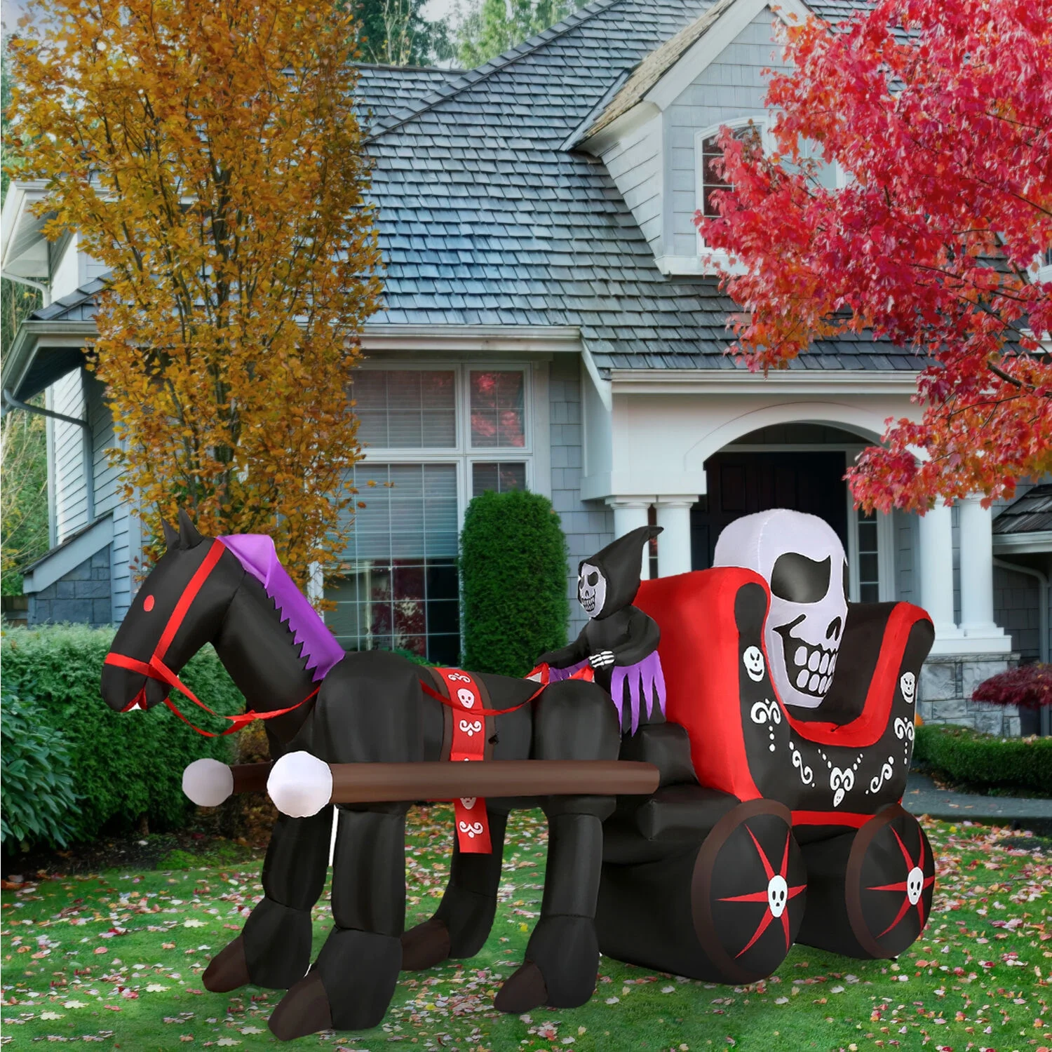 Haunted Hill Farm 6-ft. Tall Inflatable Halloween Skull Carriage with LED Lights Festive Holiday Blow-Up Decorations Blower, Ropes, and Stakes Included HICARRIAGE061-L