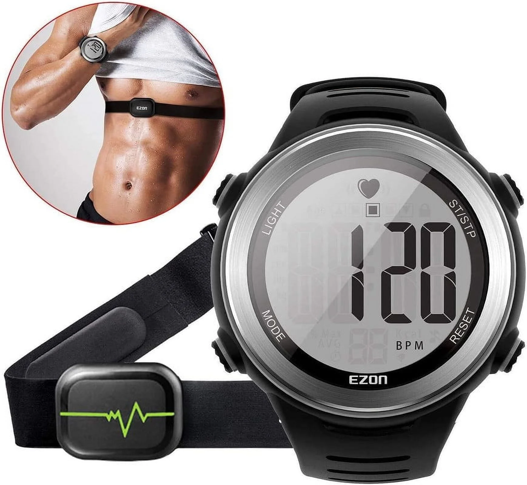 Heart Rate Monitor Watch with Chest Strap, Exercise Heart Rate Monitor, Sports Watch with HRM, Waterproof, Stopwatch, Hourly Chime T007