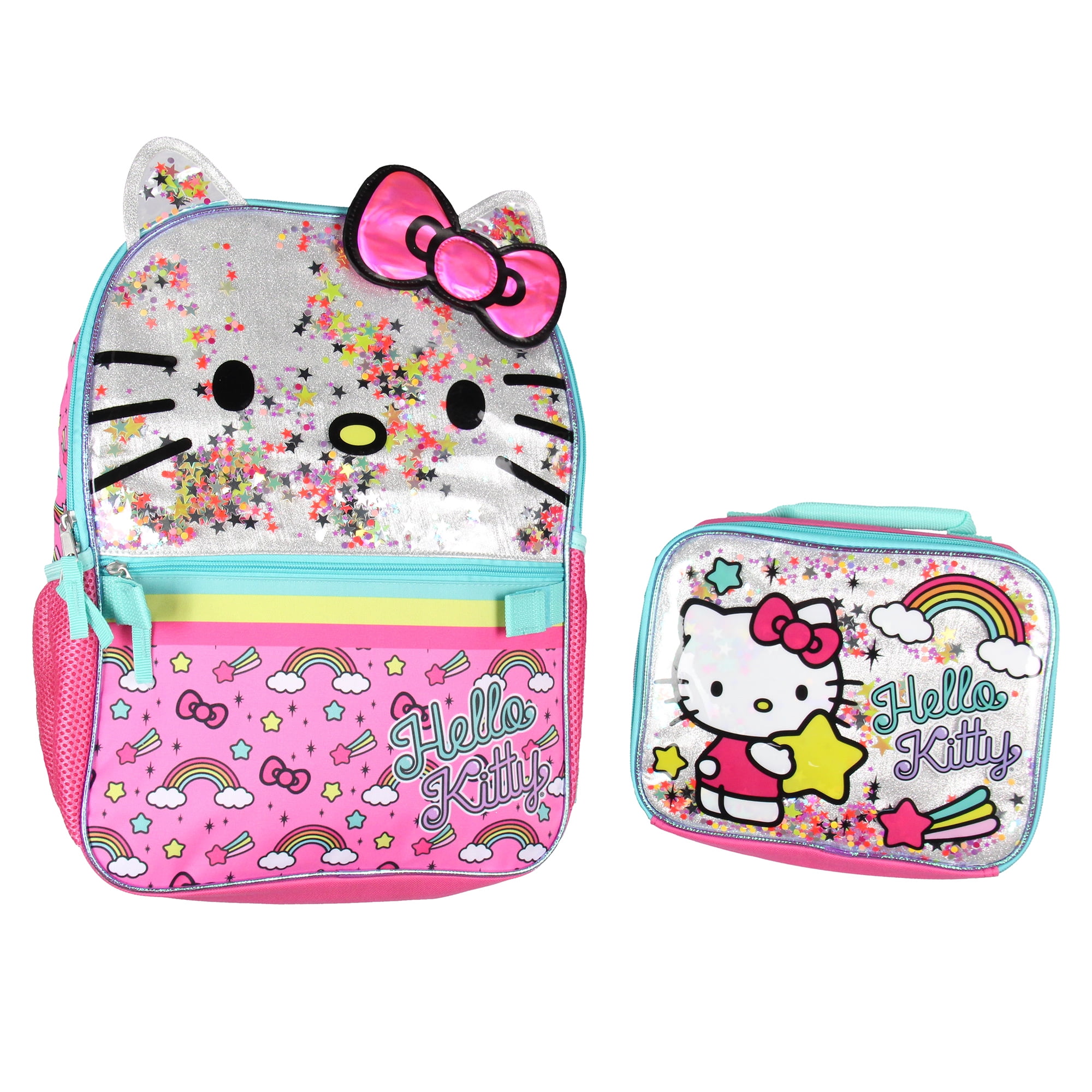 Hello Kitty Glitter 2 Piece School Travel Backpack Set For Girls With Detachable Insulated Lunch Box