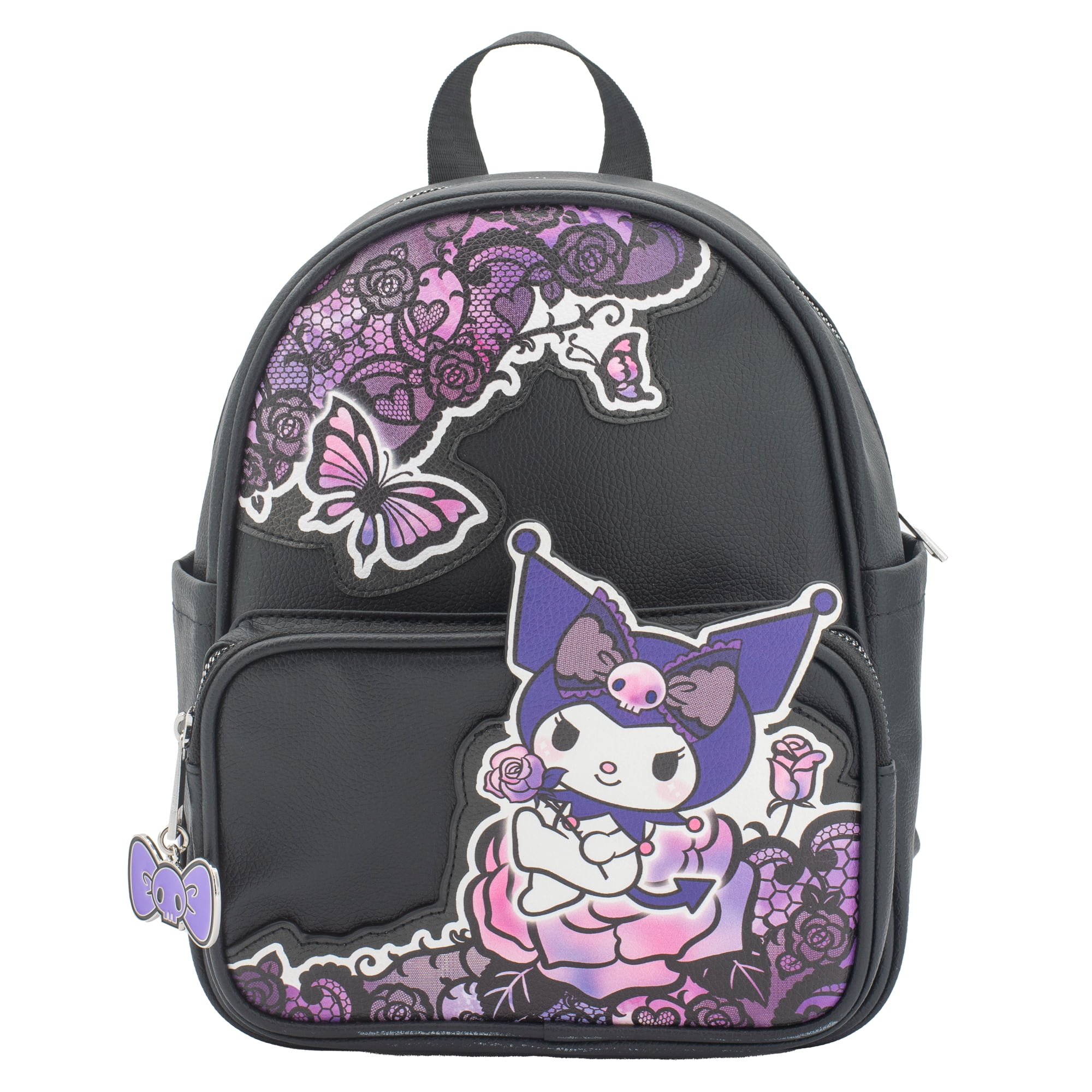 Hello Kitty Kuromi Mini PU Backpack Purse, Kawaii Shoulder Bag with Epoxy Filled Metal Bow w/Skull Charm, 10.5 Inch, Anime Travel Bag, Faux Leather