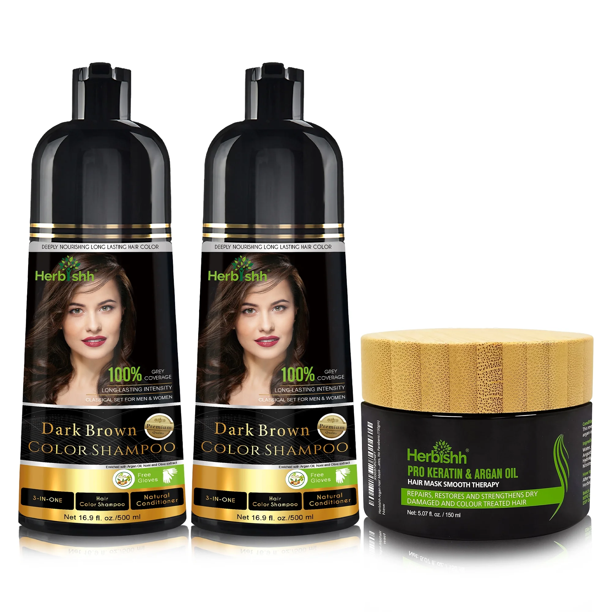 Herbishh Combo Pack - 2 Pc Hair Color Shampoo, Long Lasting Color, (500 ml, Dark Brown) + 1 Pc Argan Hair Mask, Nourishes Dry & Frizzy Hair (150 ml)