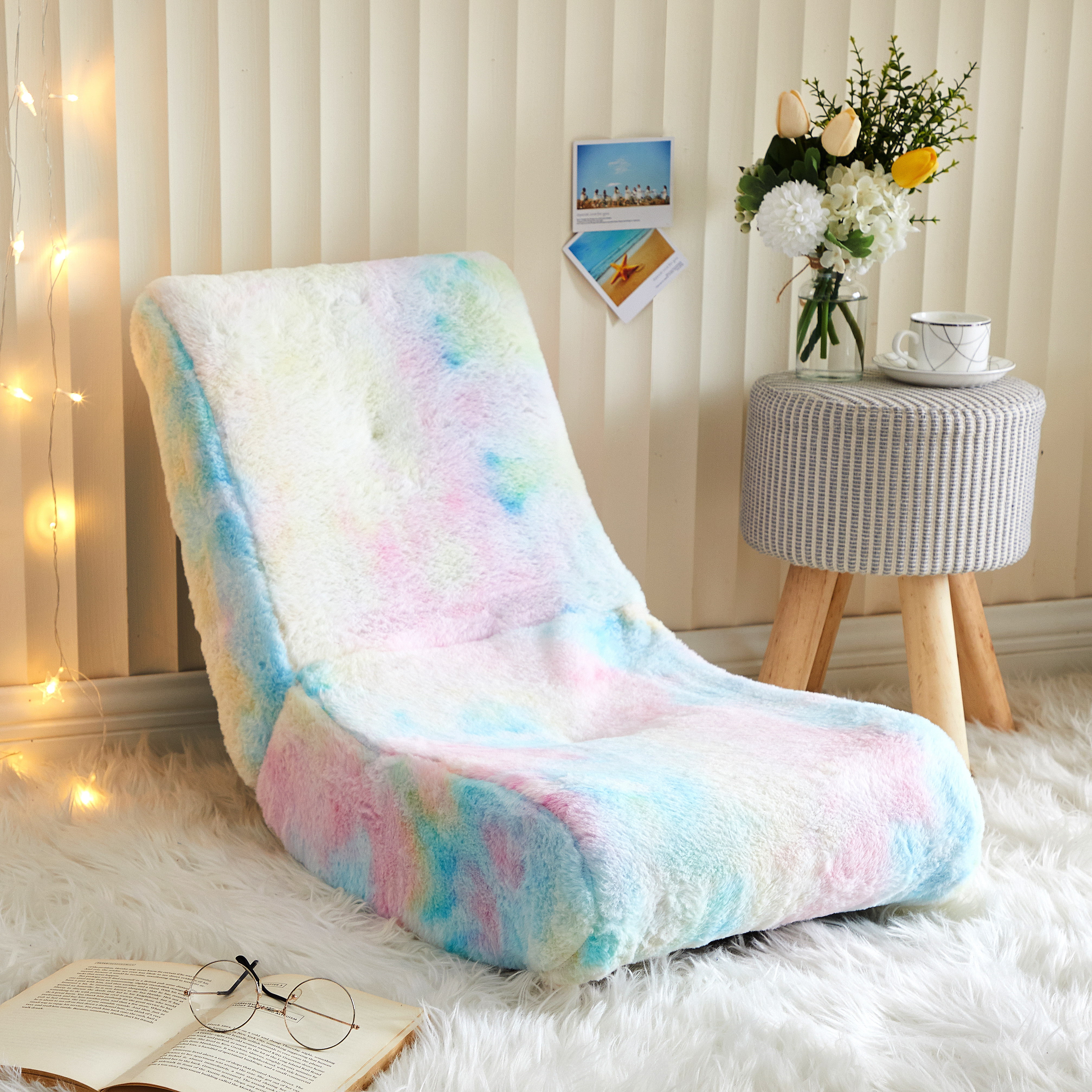 Heritage Club Faux Fur Polyester Rocker Chair, Rainbow Tie Dye, 21.5'' x 28.5'' x 16.5"
