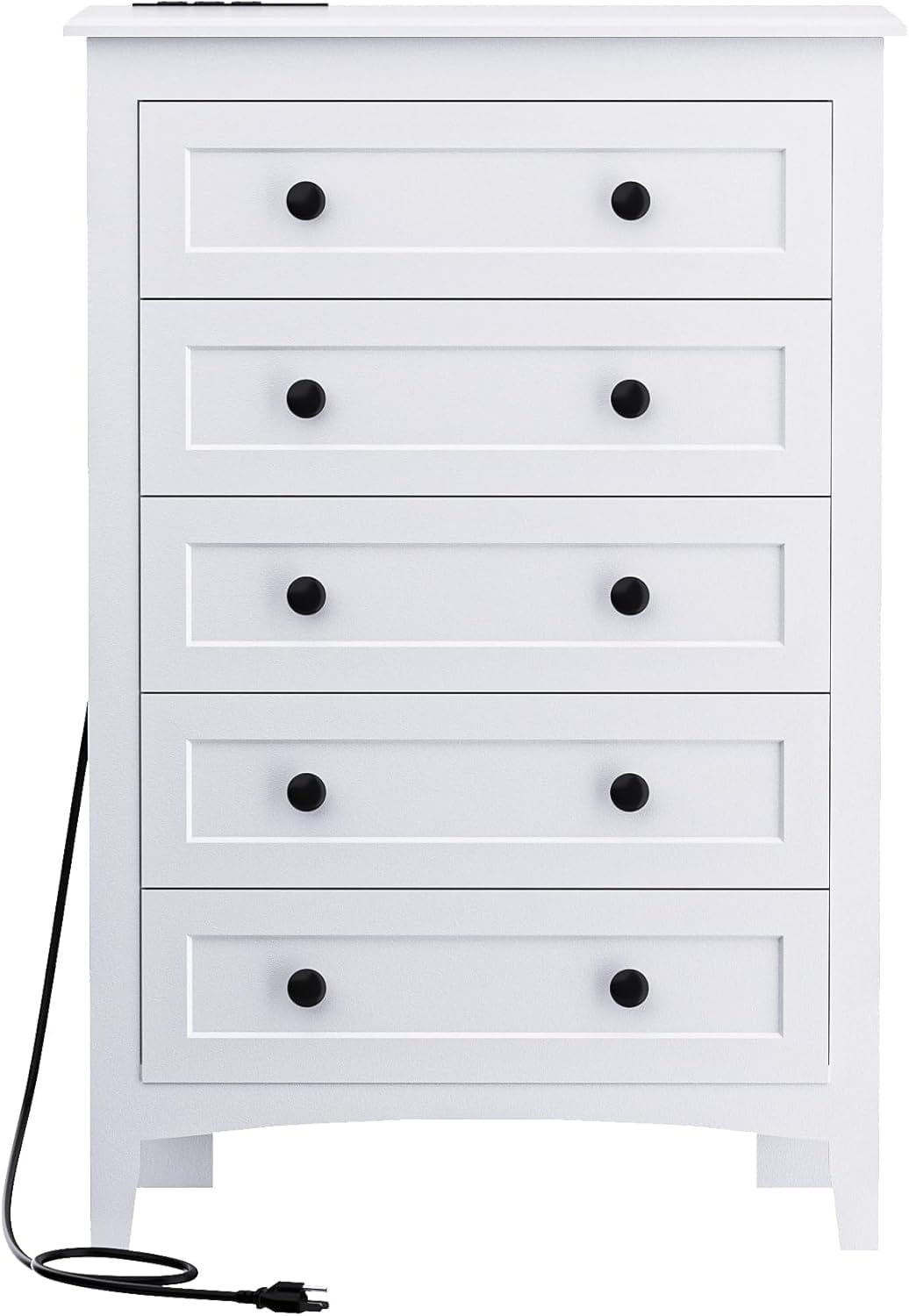5 Drawer White Dresser with Power Outlets, Wooden Vertical Dressers for Bedroom & Living Room