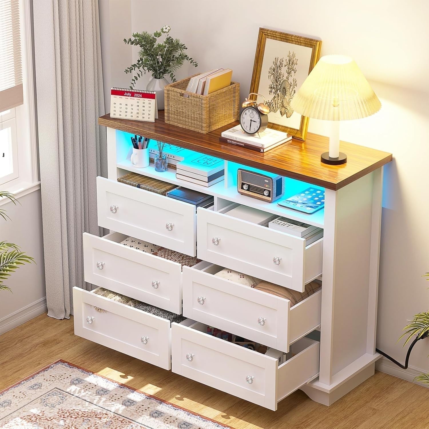 White Dresser with LED Lights, 6 Drawer Dresser with Power Outlet for Bedroom