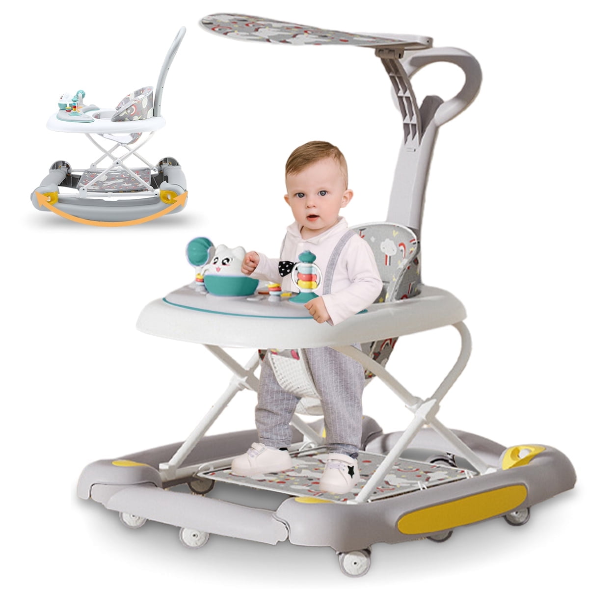 HAOUUCYIN Baby Walker, 6-in-1 Multi-functional Foldable Push Walker, 6-24 Months, Gray