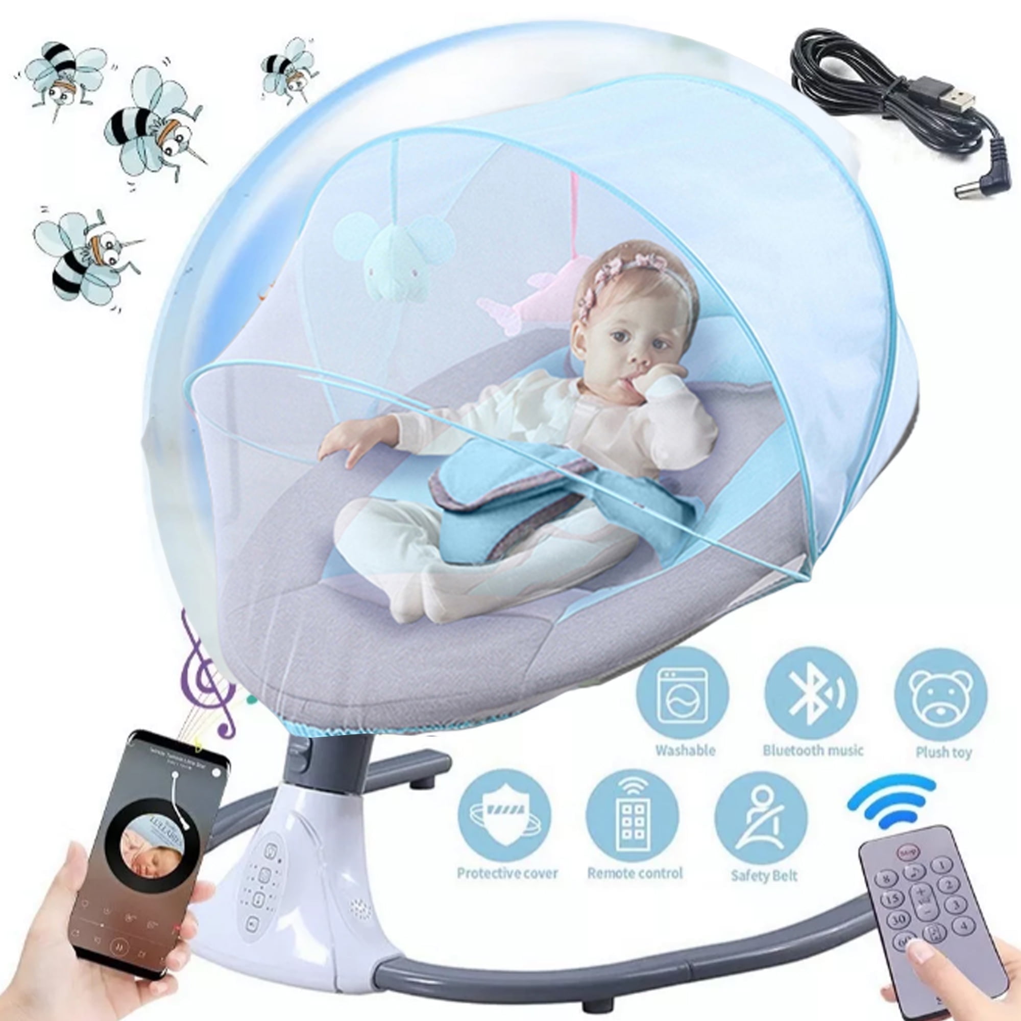 BEJOLO Electric Baby Swing for Infants, Portable Baby Bouncer with Remote Control,bluetooth Music, Blue