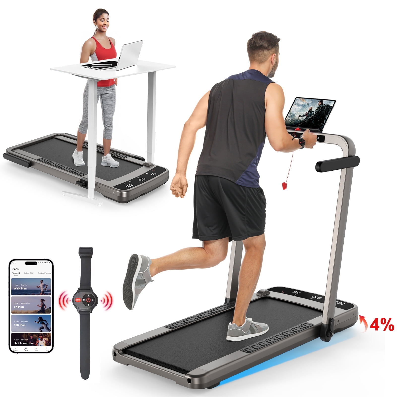 HAPPRUN Under Desks Treadmill, 2.5HP 2 in 1 Folding Treadmill with Incline & APP, Speed Range 0.6-9.3mph for Home Office Exercise with Remote Control 300lb Load Capacity