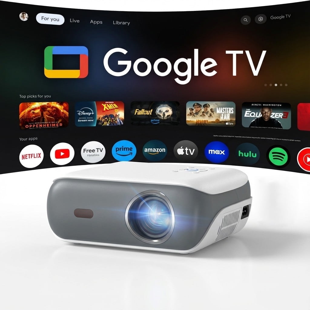 HAPPRUN 4K Supported Google TV Projector,Google Officially Licensed,Dolby Audio,Electric Focus & Auto Vertical Keystone