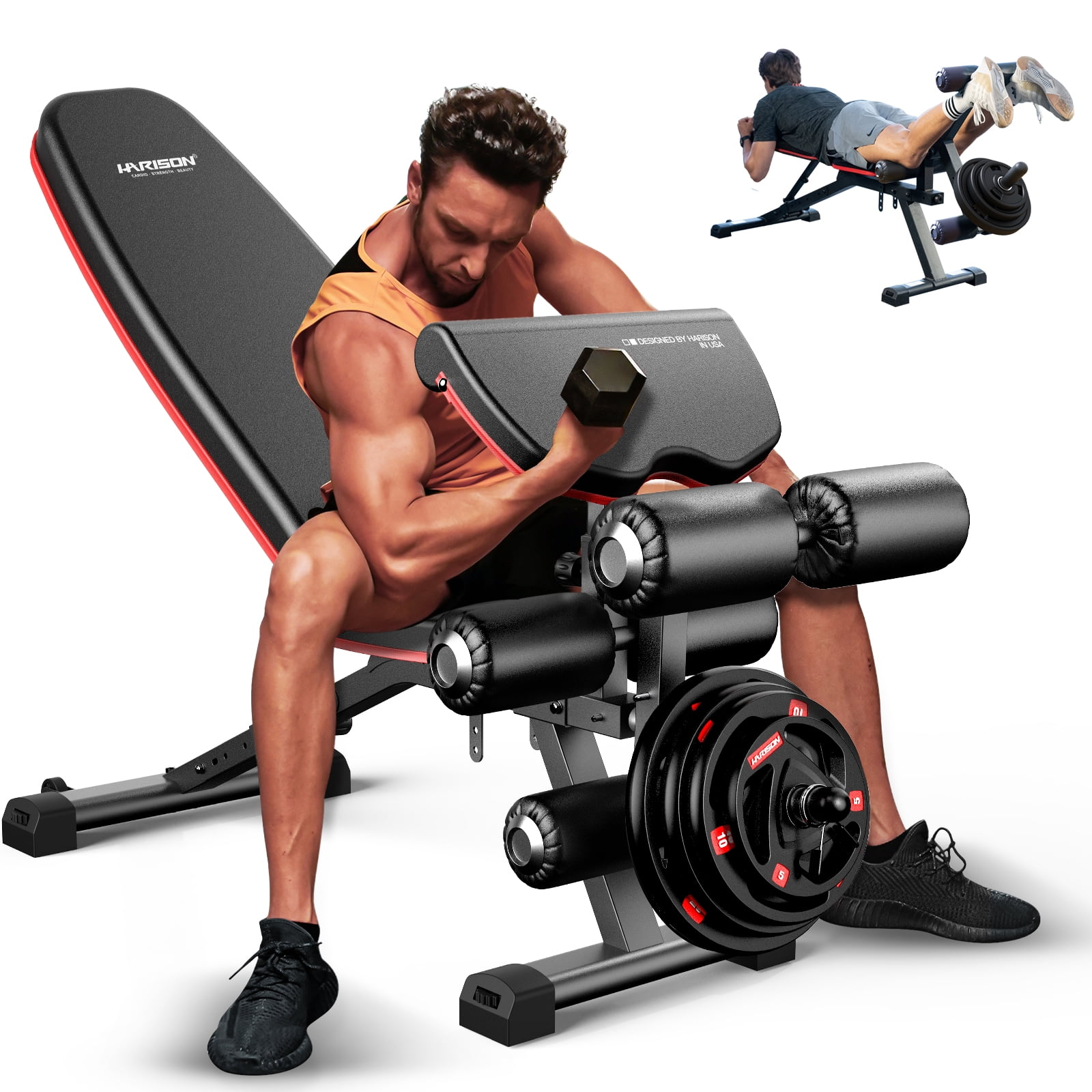 HARISON Adjustable Weight Bench with Leg Extension, Preacher Pad, Flat/Incline/Decline Workout Bench for Training